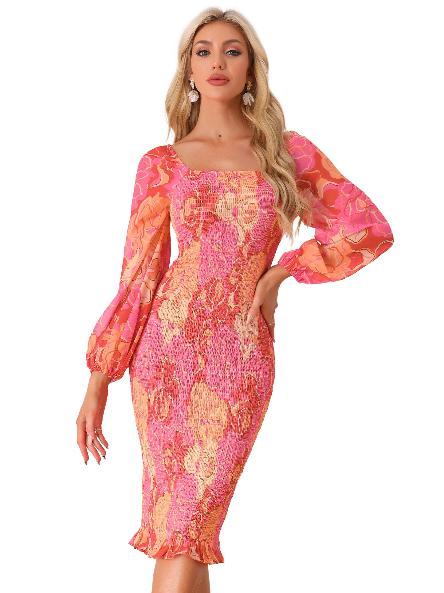 Women's Floral Dresses Mermaid Square Neck Ruffle Puff Sleeve Smocked Bodycon Dress