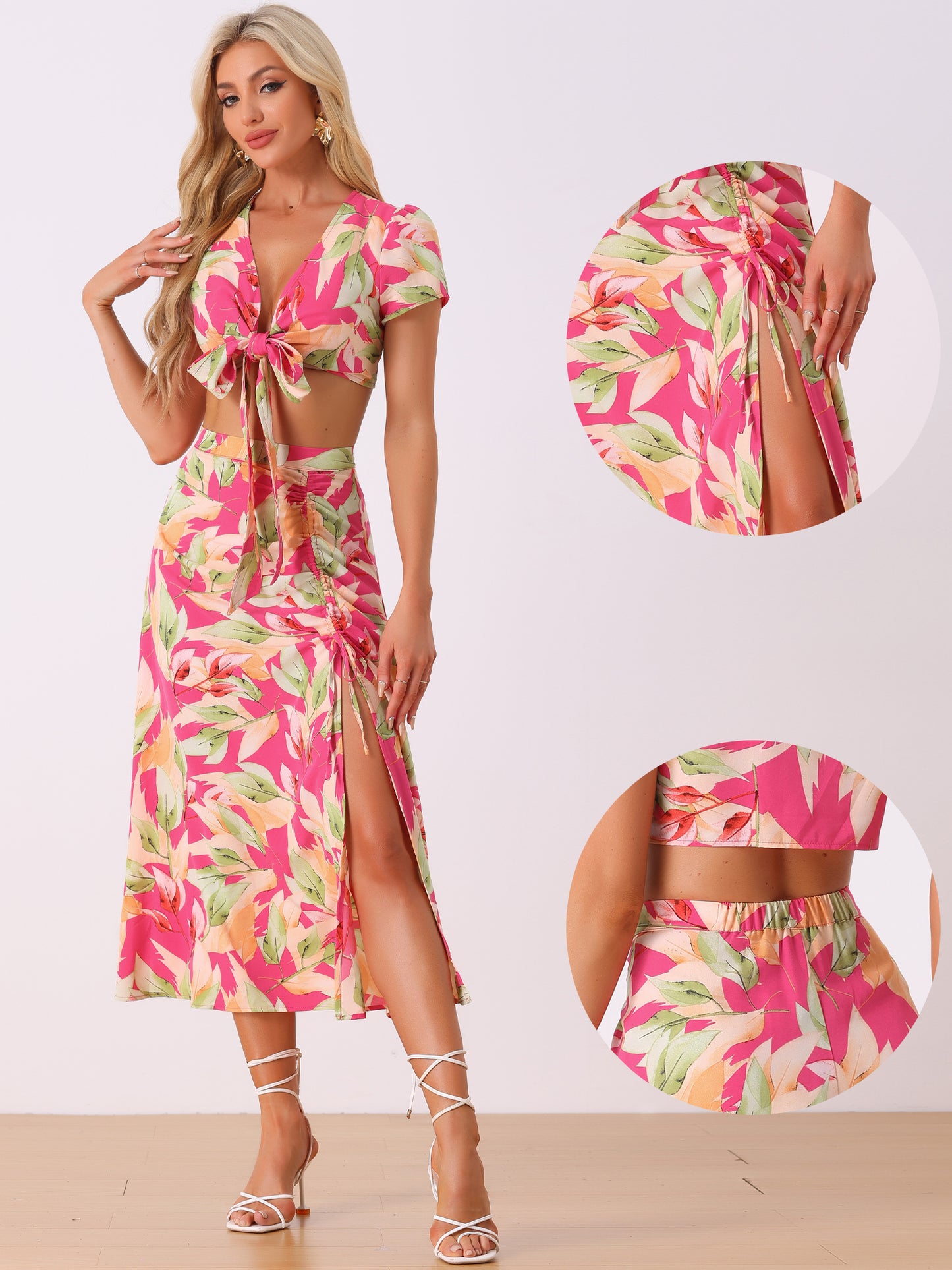 Women's Tropical 2 Piece Wrap Crop Top and Hawaiian Ruched Front Maxi Skirt Set