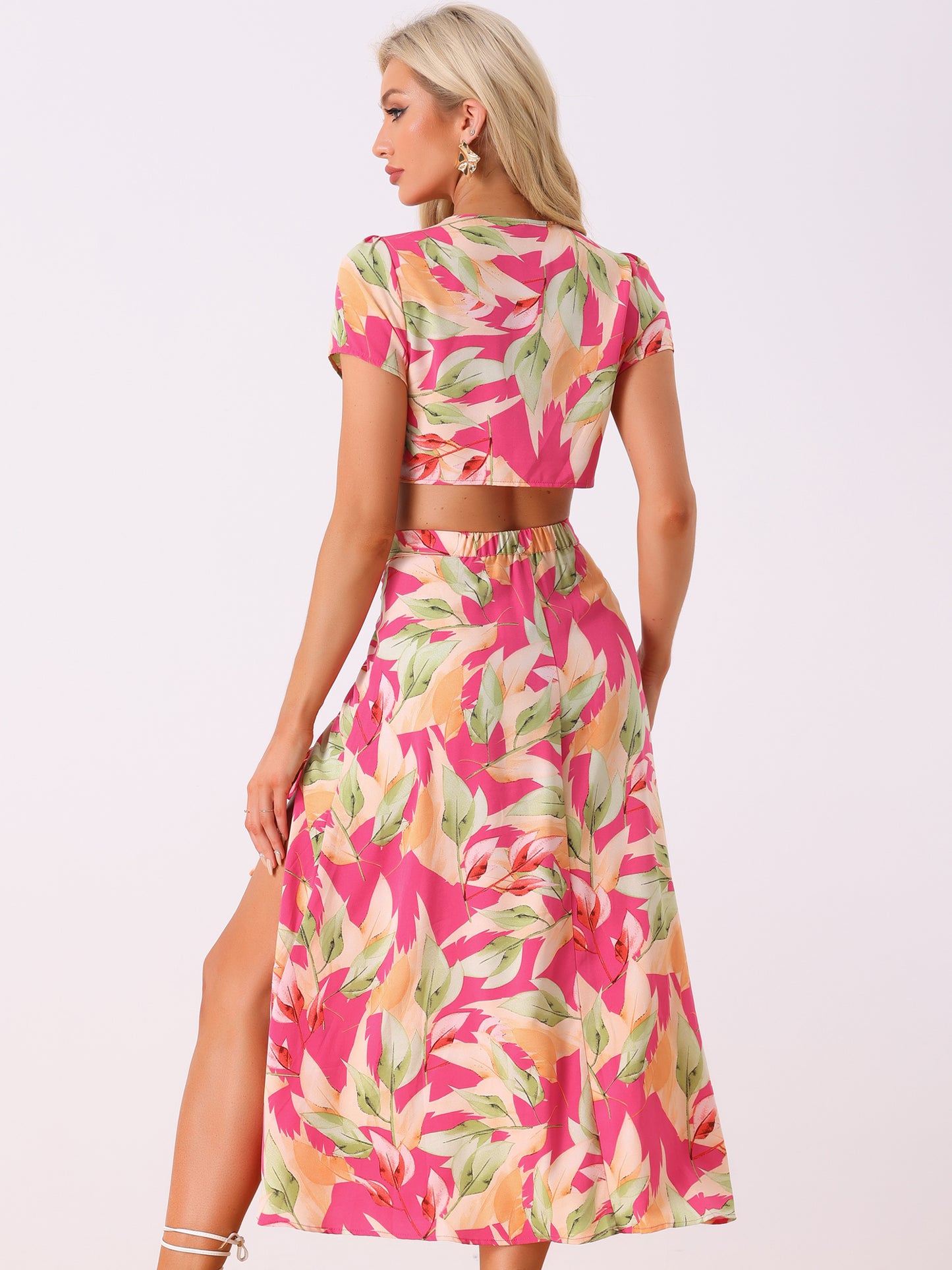 Women's Tropical 2 Piece Wrap Crop Top and Hawaiian Ruched Front Maxi Skirt Set