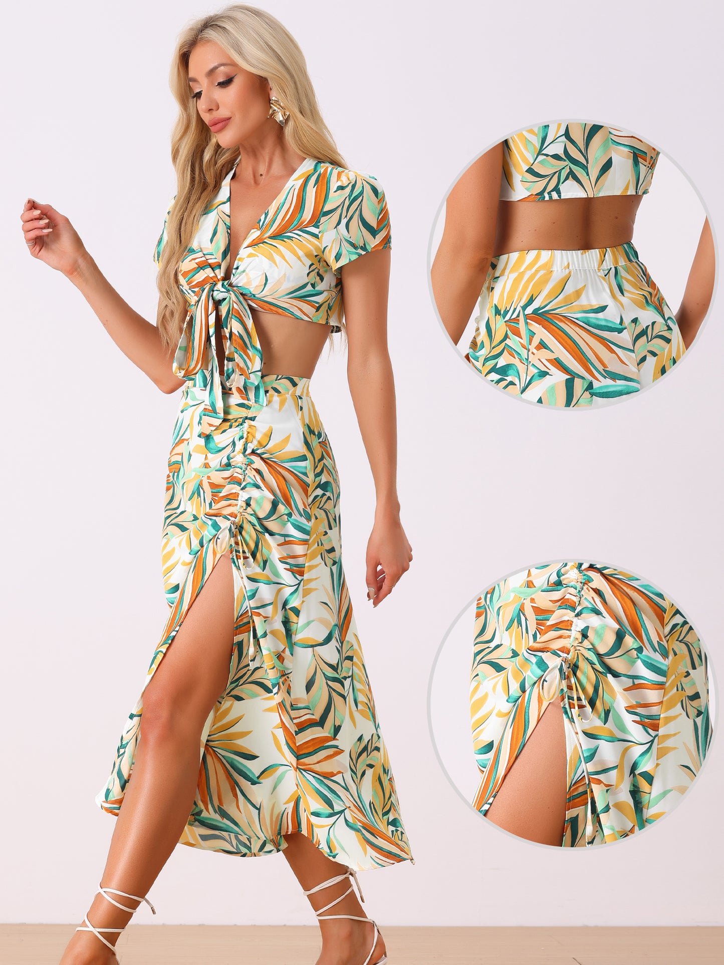 Women's Tropical 2 Piece Wrap Crop Top and Hawaiian Ruched Front Maxi Skirt Set