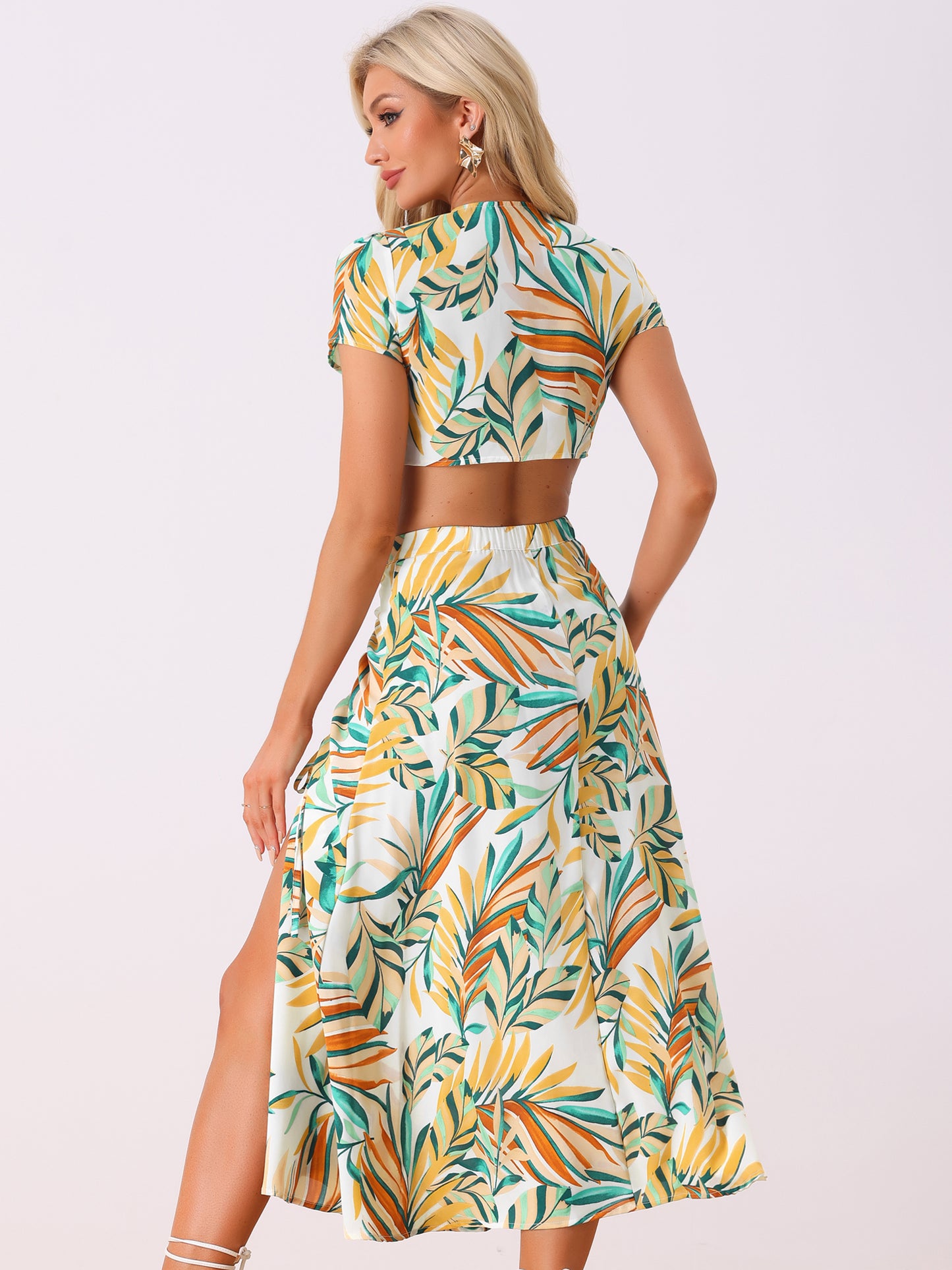 Women's Tropical 2 Piece Wrap Crop Top and Hawaiian Ruched Front Maxi Skirt Set