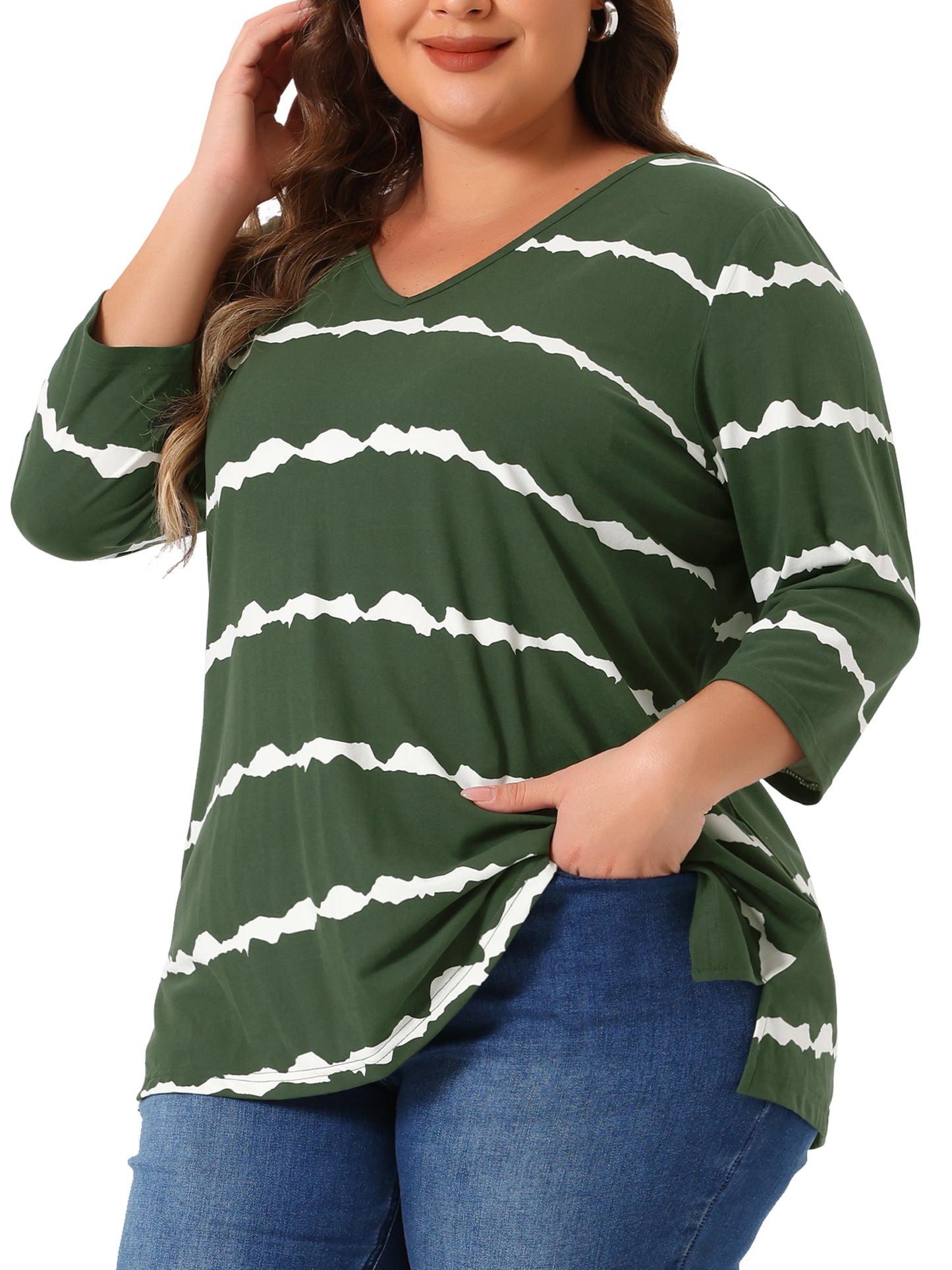 Women Plus Size T Shirt V Neck 3/4 Sleeve Loose Casual Blouse Striped Tie Dye Print