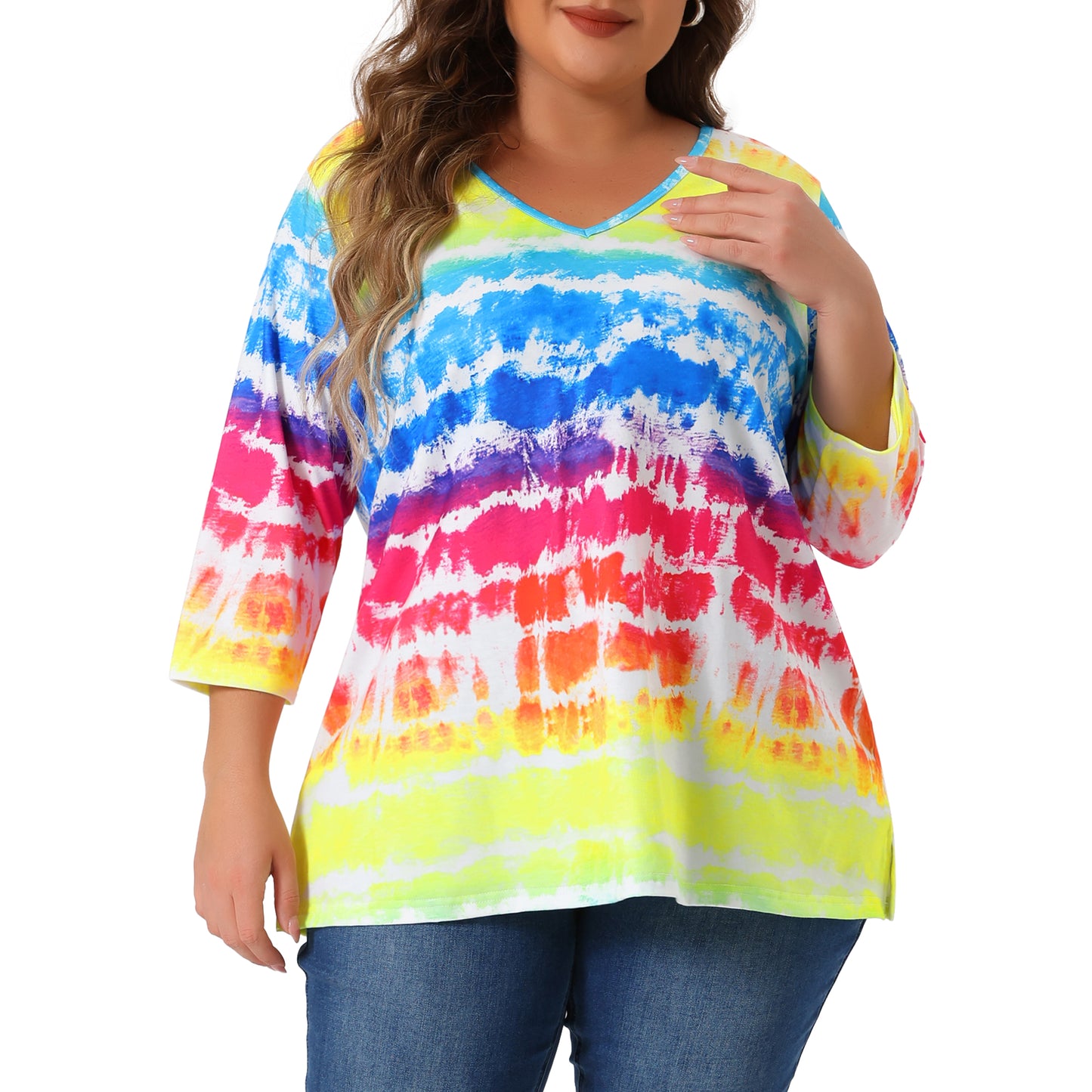 Women Plus Size T Shirt V Neck 3/4 Sleeve Loose Casual Blouse Striped Tie Dye Print