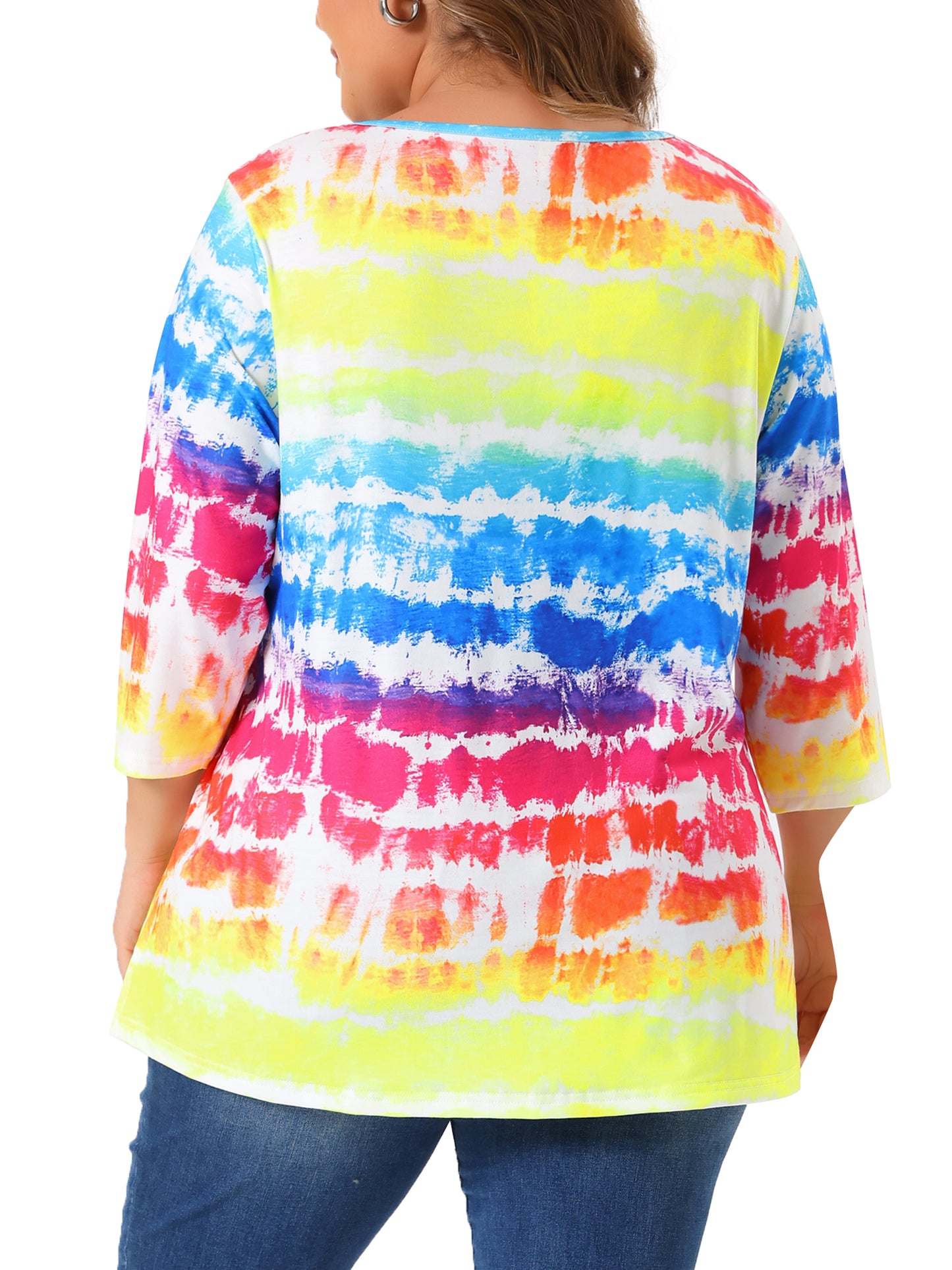 Women Plus Size T Shirt V Neck 3/4 Sleeve Loose Casual Blouse Striped Tie Dye Print