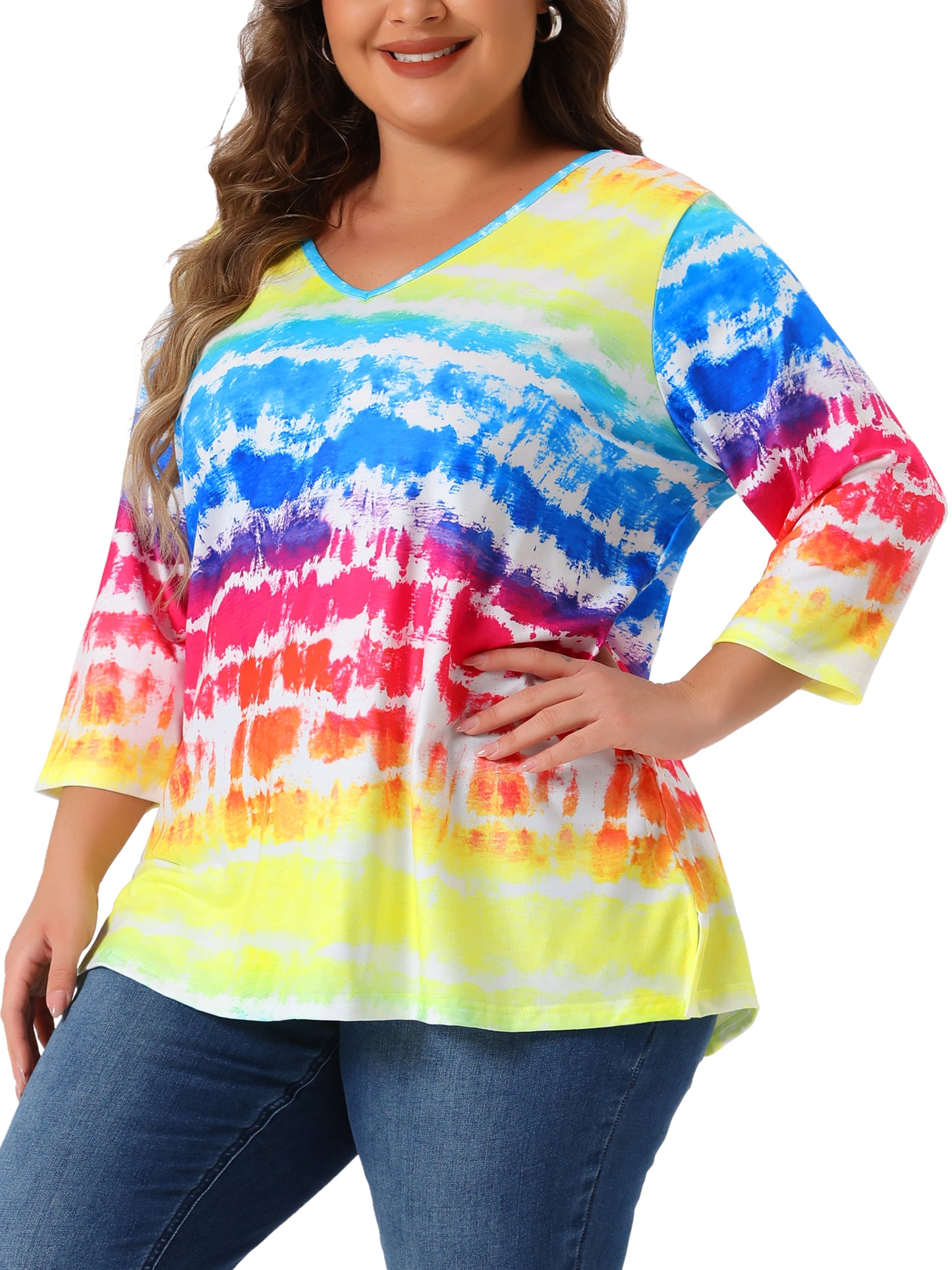 Women Plus Size T Shirt V Neck 3/4 Sleeve Loose Casual Blouse Striped Tie Dye Print