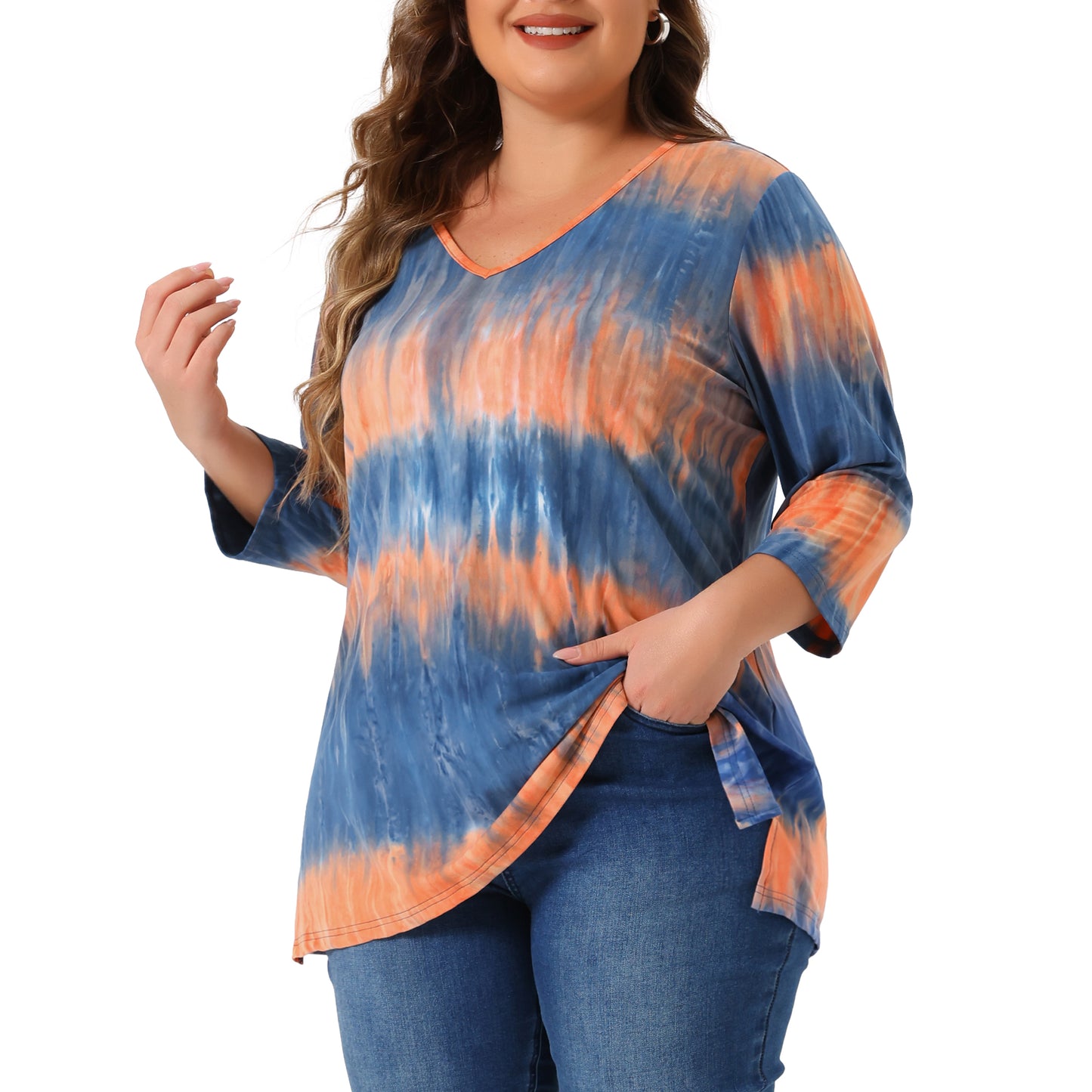 Women Plus Size T Shirt V Neck 3/4 Sleeve Loose Casual Blouse Striped Tie Dye Print