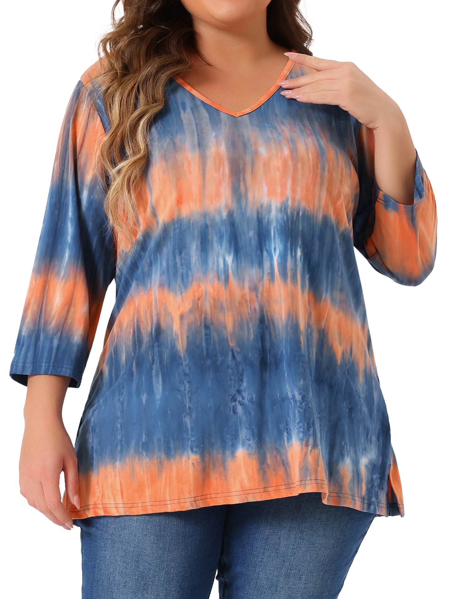 Women Plus Size T Shirt V Neck 3/4 Sleeve Loose Casual Blouse Striped Tie Dye Print