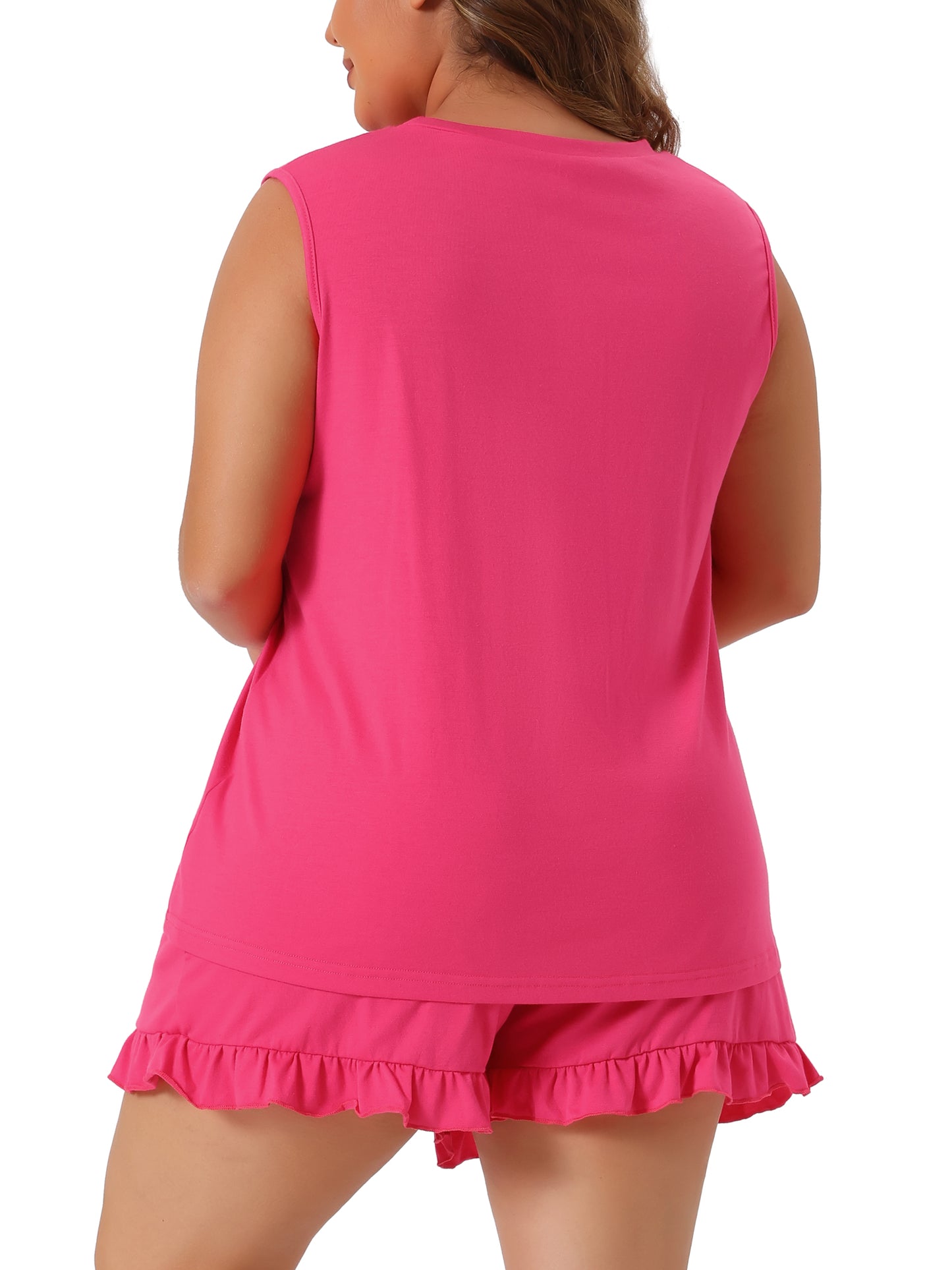 Women Plus Size Pajamas Set Ruffle Knit Sleeveless Tank Top 2 Piece PJ Sets Loungewear