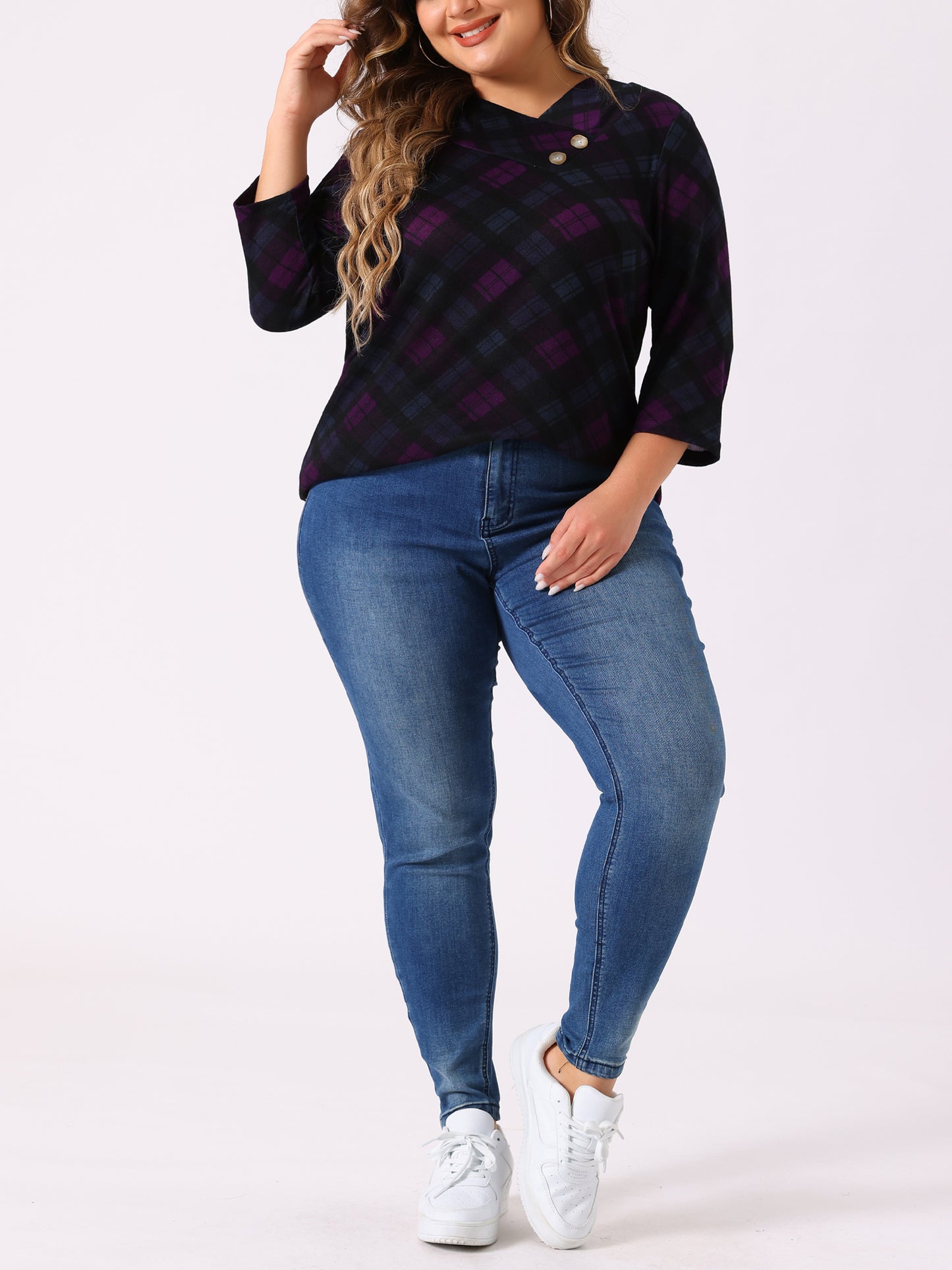 Women Plus Size Top 3/4 Sleeve Knit Striped Boho Asymmetric Neck T-Shirt Blouse