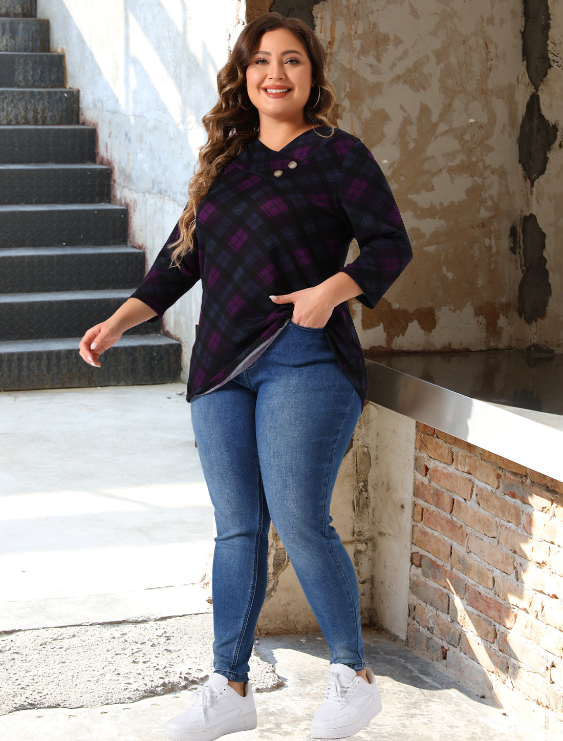 Women Plus Size Top 3/4 Sleeve Knit Striped Boho Asymmetric Neck T-Shirt Blouse