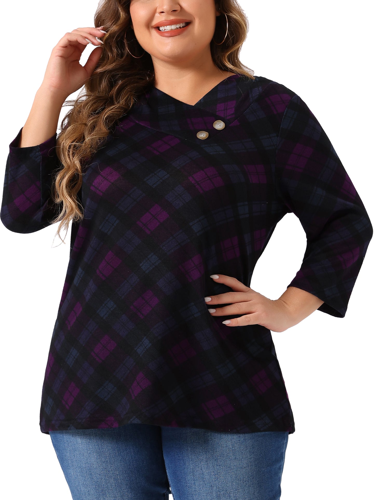 Women Plus Size Top 3/4 Sleeve Knit Striped Boho Asymmetric Neck T-Shirt Blouse