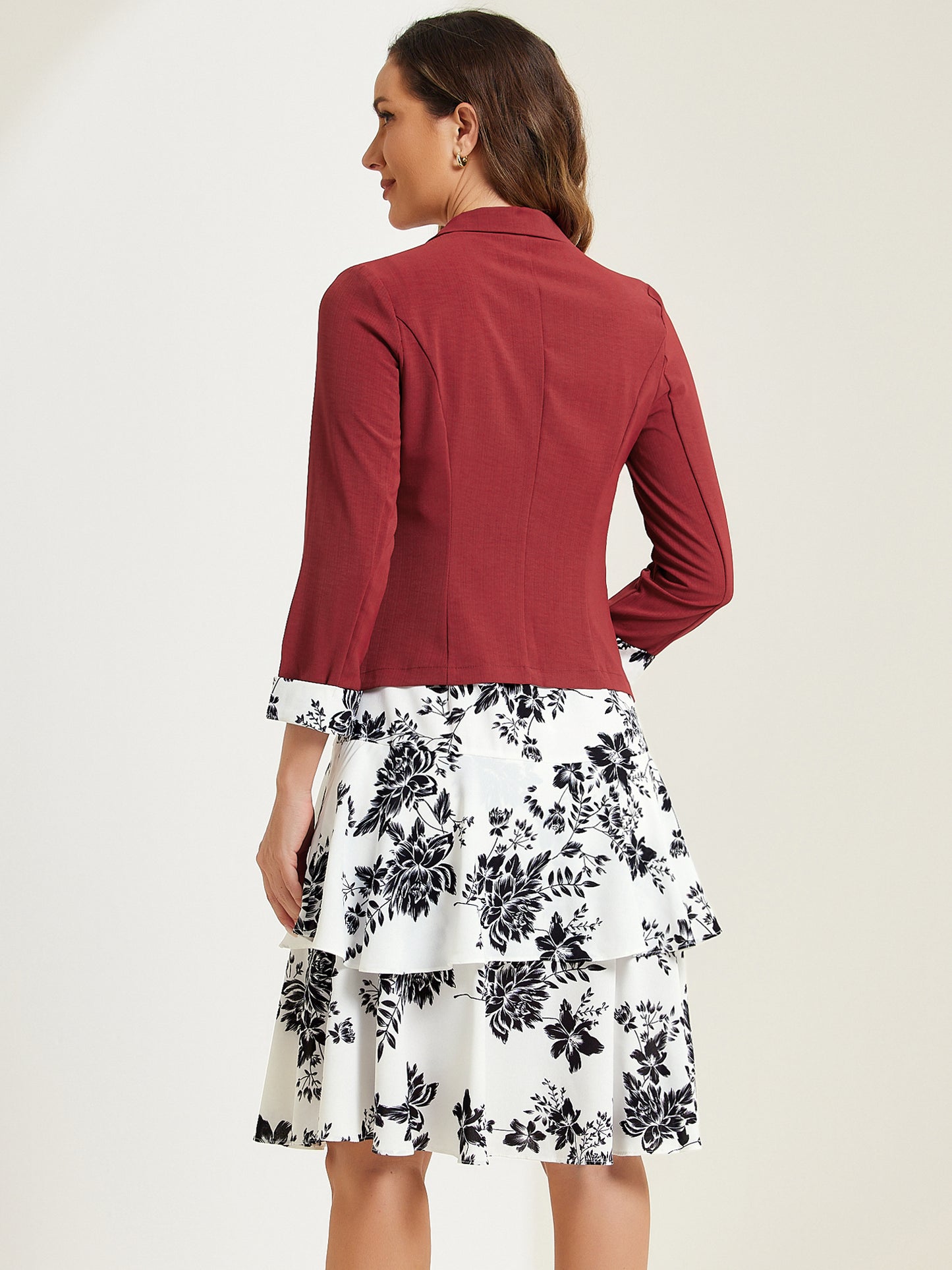 Women's Dress Suit Set Chiffon V Neck Floral Print Dress Contrast Panel Work Blazer