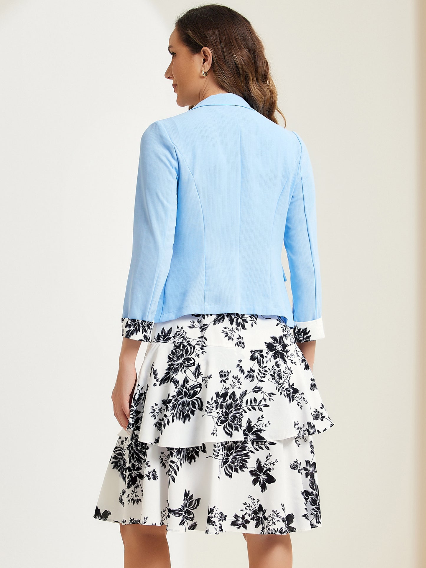 Women's Dress Suit Set Chiffon V Neck Floral Print Dress Contrast Panel Work Blazer