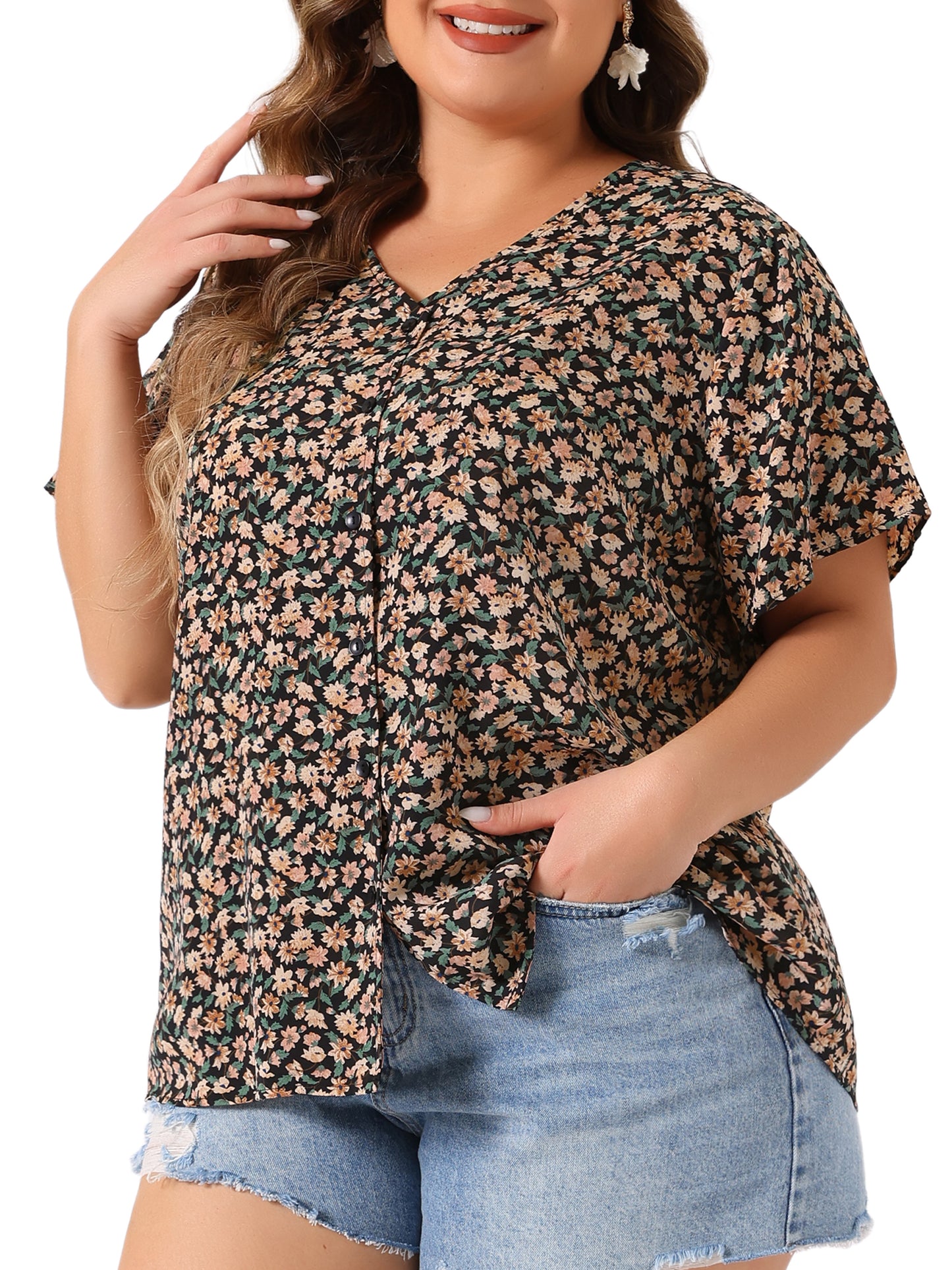Women Plus Size Blouses V Neck Button Short Sleeve Floral Shirt Top