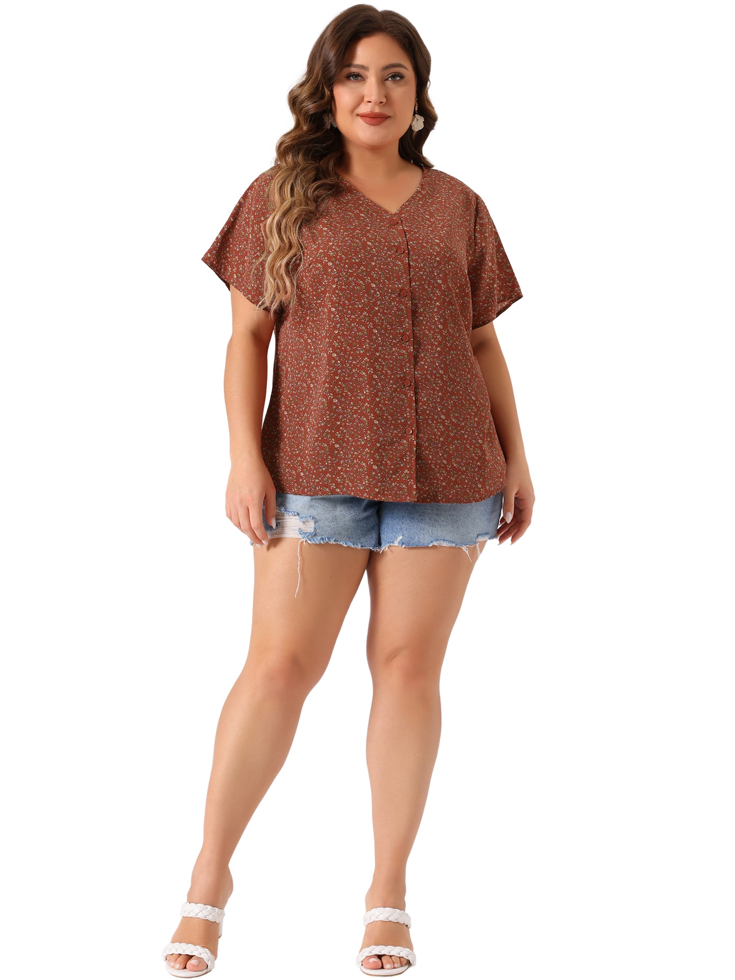 Women Plus Size Blouses V Neck Button Short Sleeve Floral Shirt Top