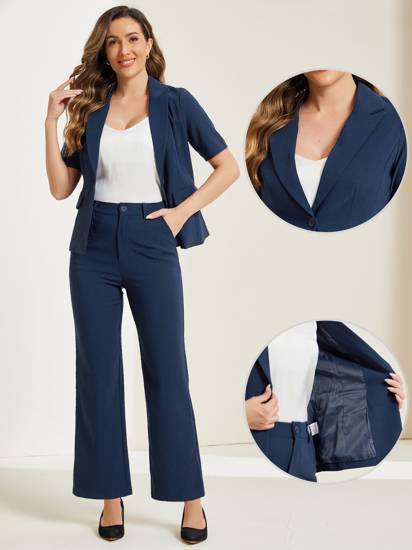 Women Business Work 2 Piece Short Sleeve Blazer Pant Suit Set