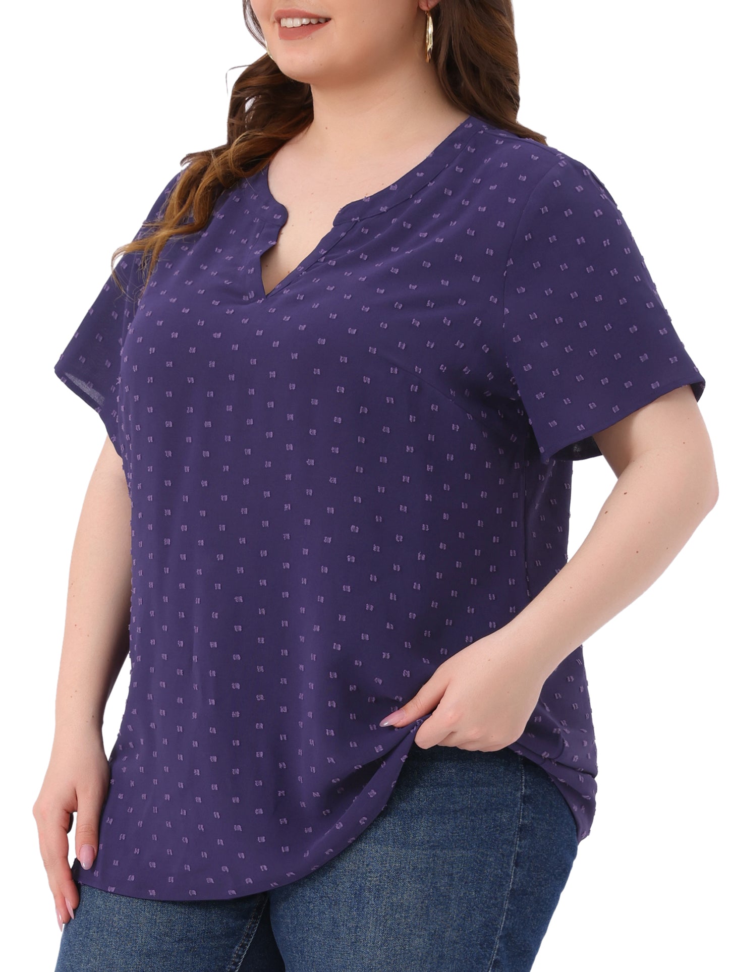 Women Plus Size Summer Top Swiss Dots Notched Neck Short Sleeve Blouse
