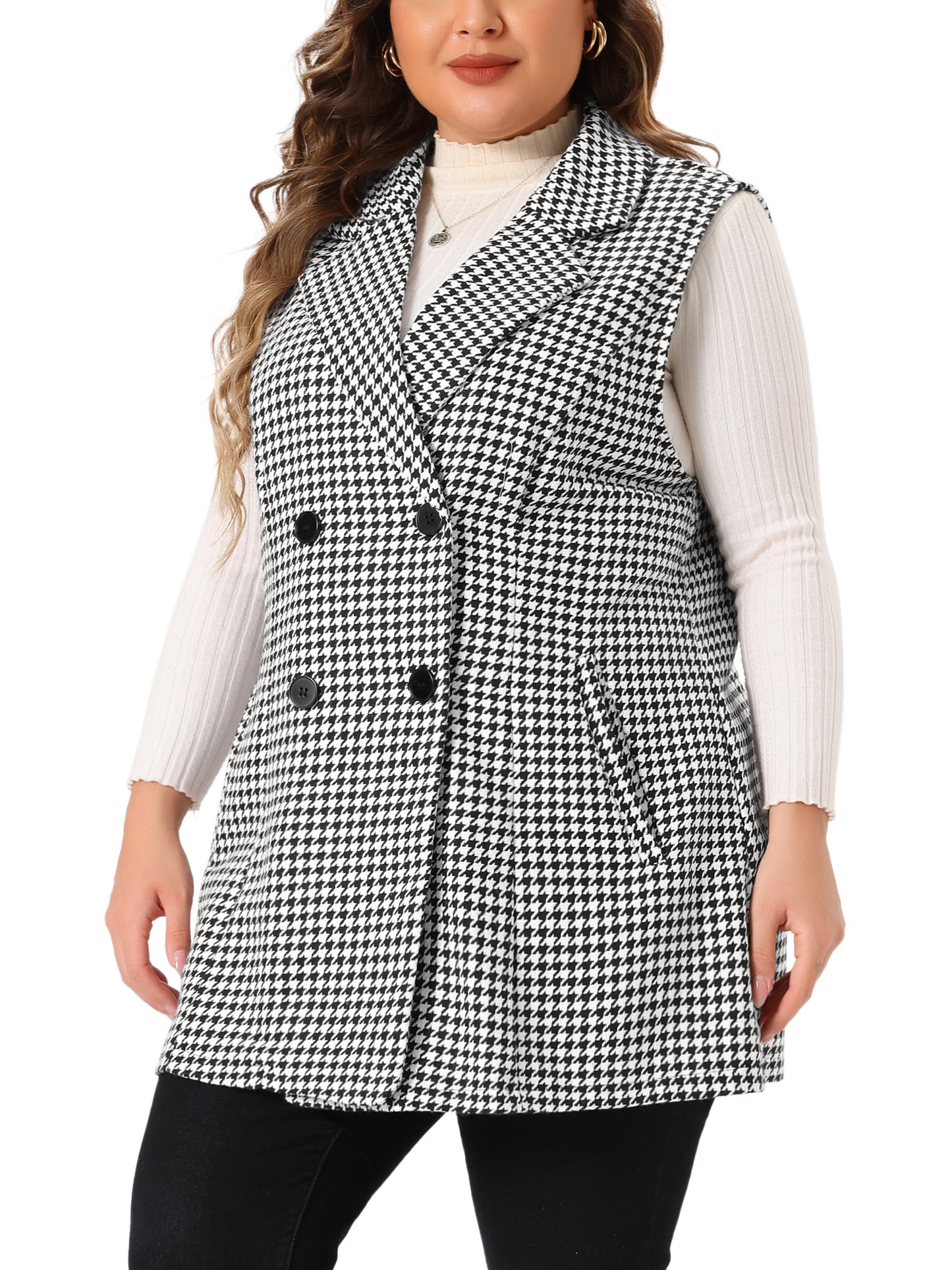 Women Plus Size Plaid Blazer Jacket Sleeveless Notched Lapel Button with Pockets Long Vests