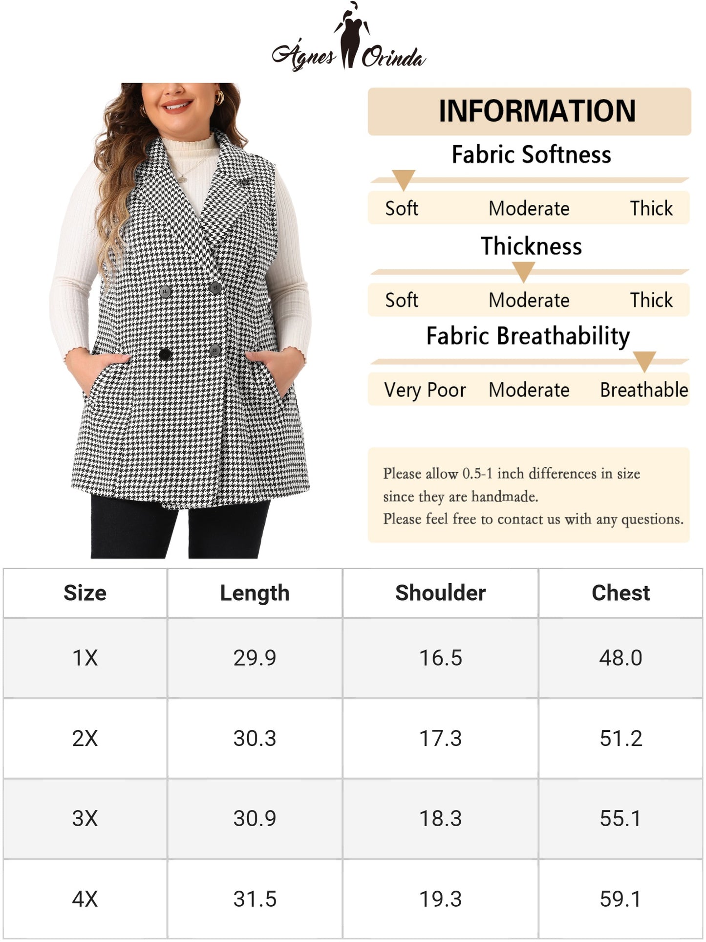 Women Plus Size Plaid Blazer Jacket Sleeveless Notched Lapel Button with Pockets Long Vests