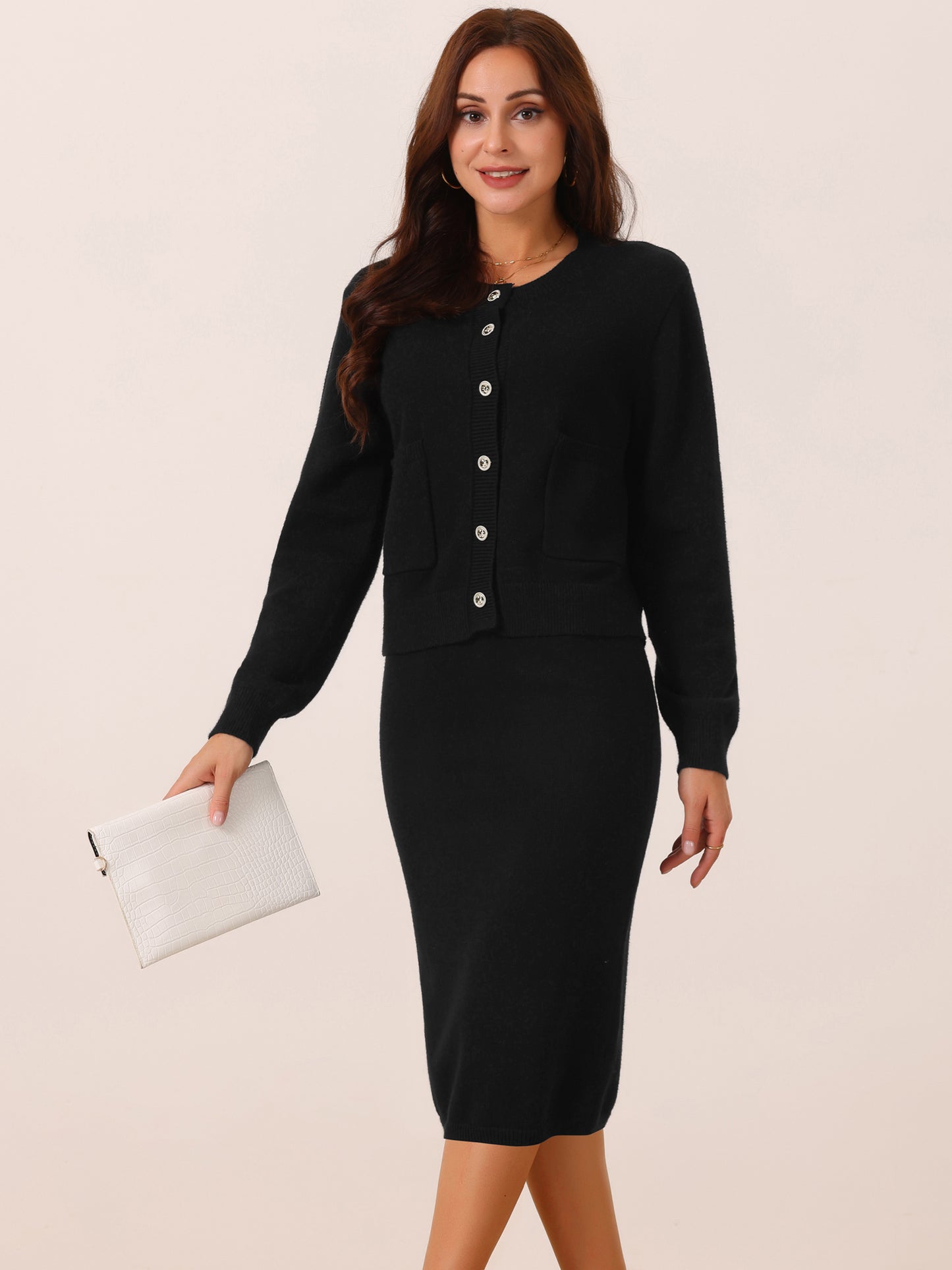 Women's Two Piece Sweater Set Button Down Cardigan and Midi Skirt Casual Lounge Set