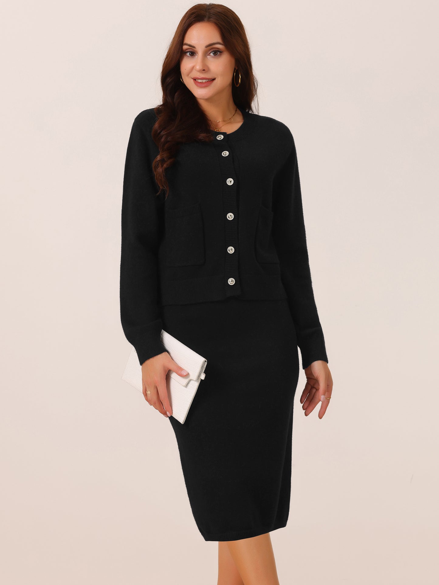 Women's Two Piece Sweater Set Button Down Cardigan and Midi Skirt Casual Lounge Set