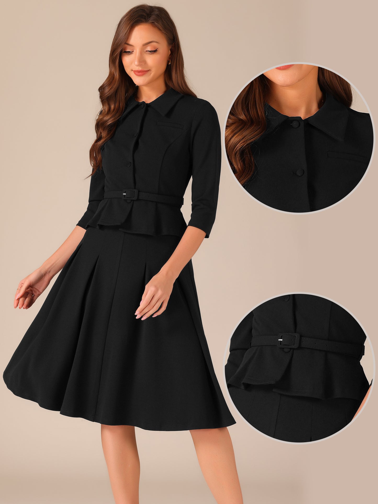 Women's 2 Piece Business Skirt Suit Set 3/4 Sleeve Office Blazer Pleated Skirt