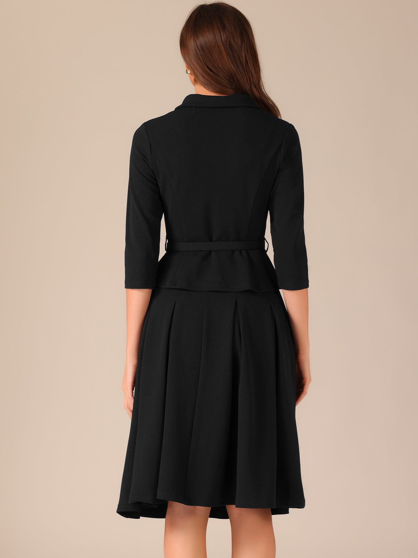 Women's 2 Piece Business Skirt Suit Set 3/4 Sleeve Office Blazer Pleated Skirt