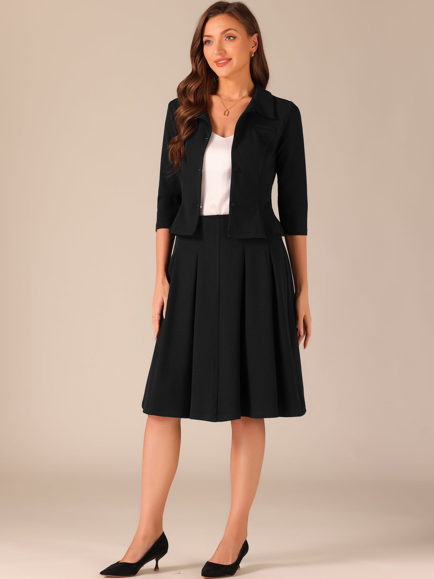 Women's 2 Piece Business Skirt Suit Set 3/4 Sleeve Office Blazer Pleated Skirt