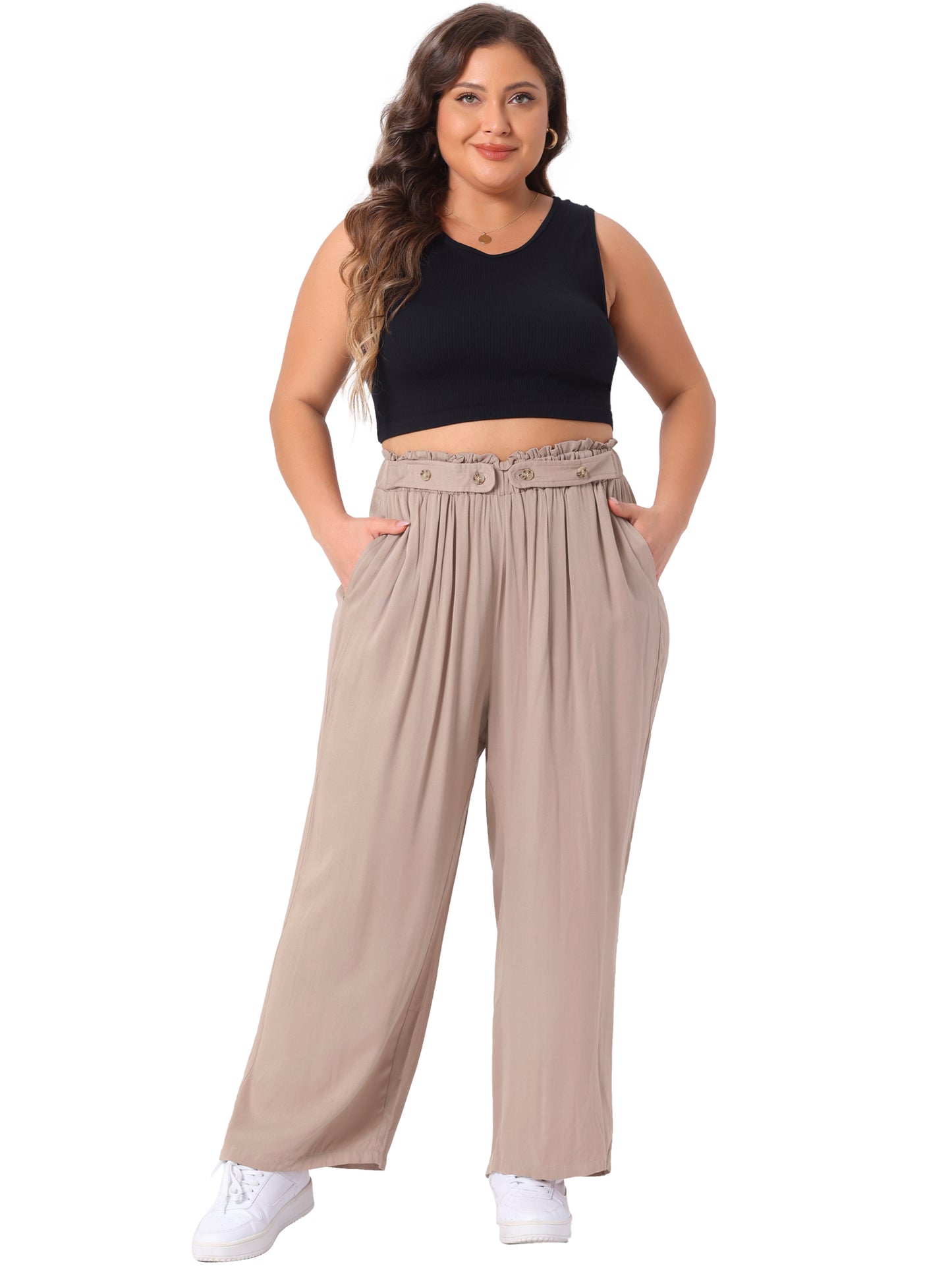 Women Plus Size Palazzo Pants Stretchy High Waisted With Pocket Wide Leg Long Pants