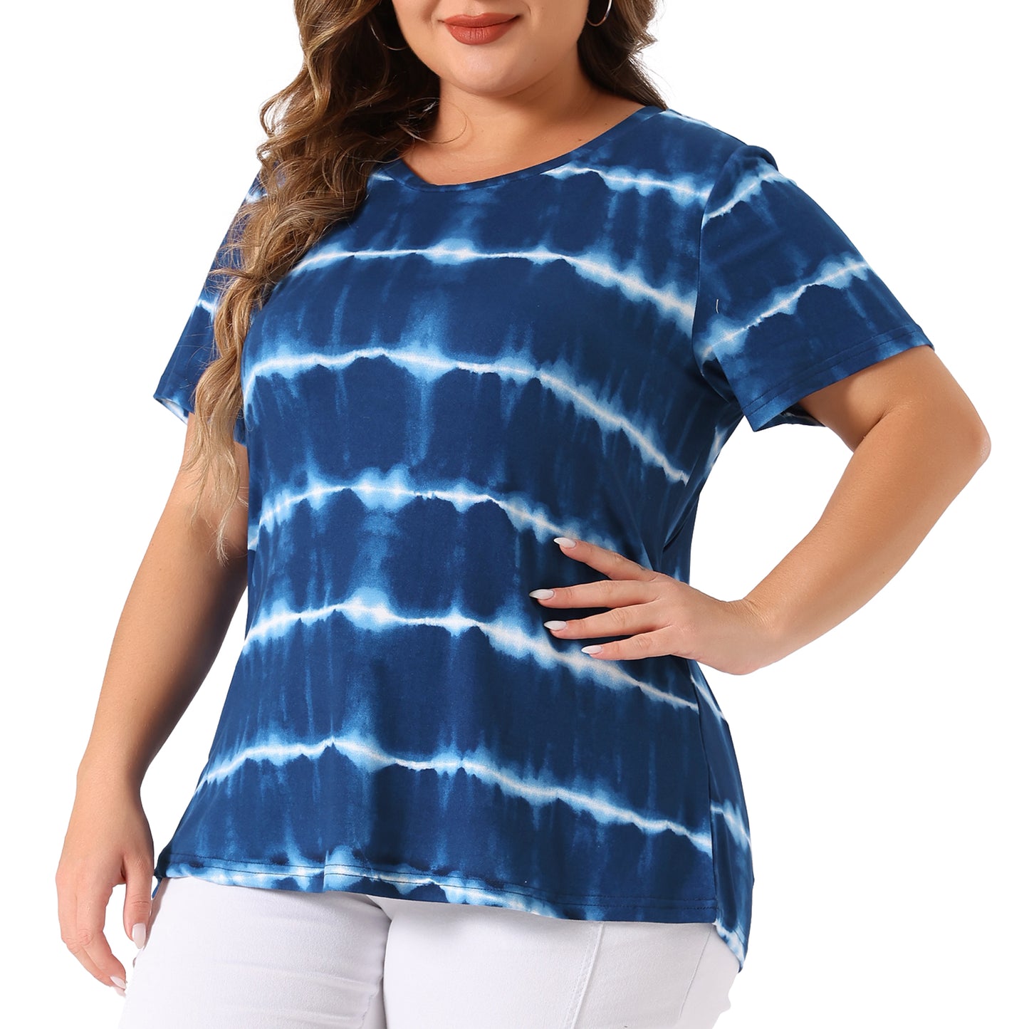 Women Plus Size Round Neck Short Sleeve T-Shirts Rainbow Tie Dye Tee Top