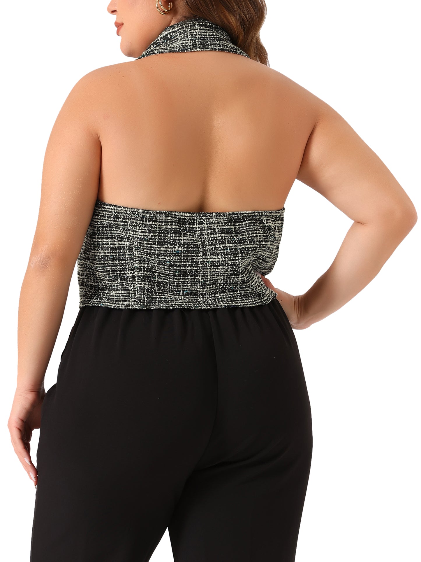 Women Plus Size Waistcoat Tweed Halter Neck Sleeveless Single Breasted Vest