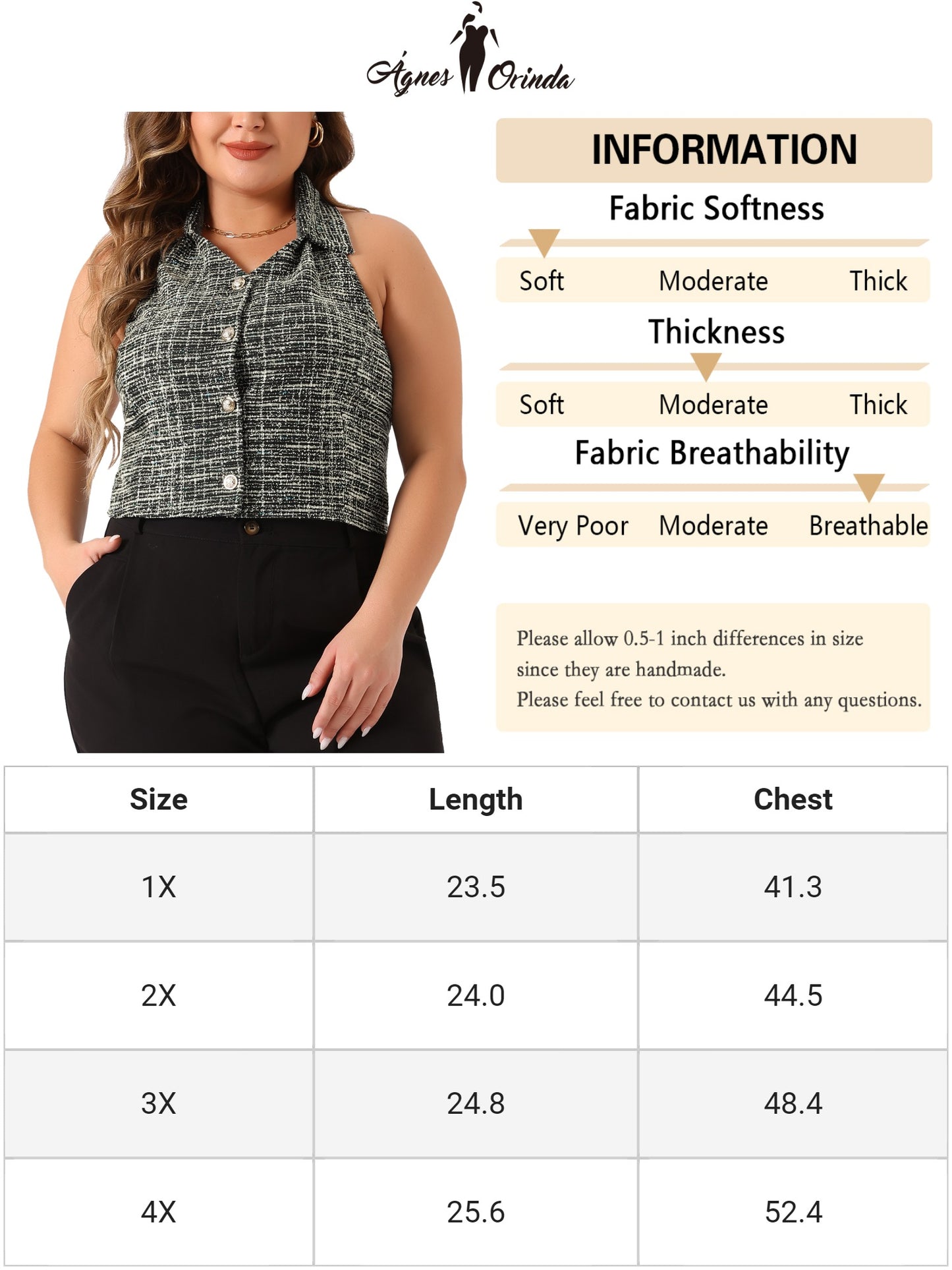 Women Plus Size Waistcoat Tweed Halter Neck Sleeveless Single Breasted Vest