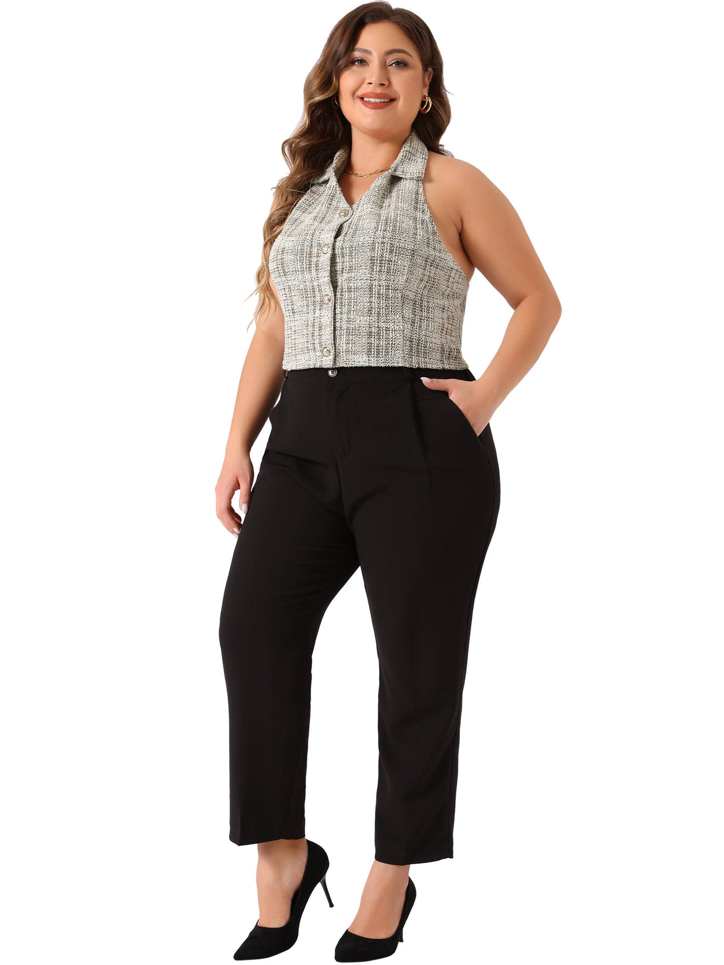 Women Plus Size Waistcoat Tweed Halter Neck Sleeveless Single Breasted Vest
