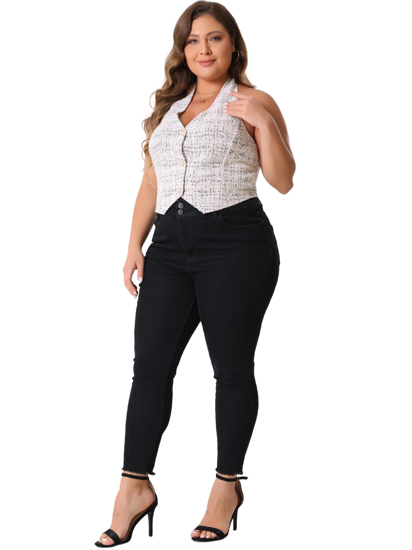 Women Plus Size Waistcoat Vest Elegant Halter Button Down Tweed Suit Blazers Vest