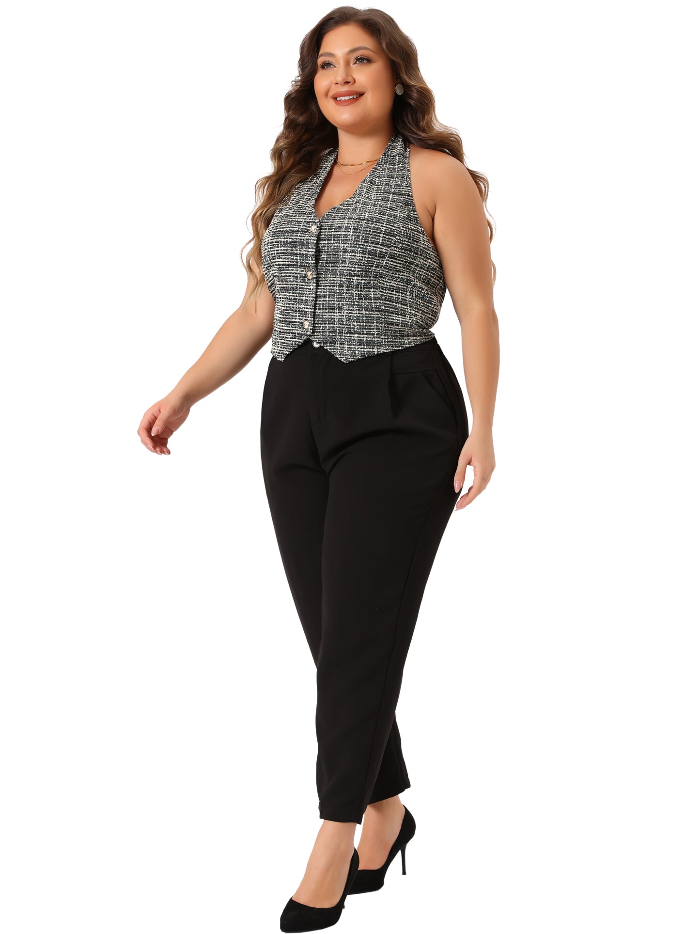 Women Plus Size Waistcoat Vest Elegant Halter Button Down Tweed Suit Blazers Vest