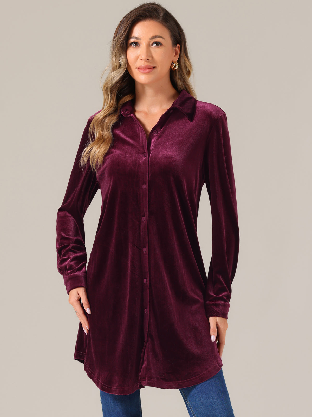 Women's Velvet Button Down T Shirts Swing Mini Shirt Dress Casual Long Sleeve Lapel Tunic Tops