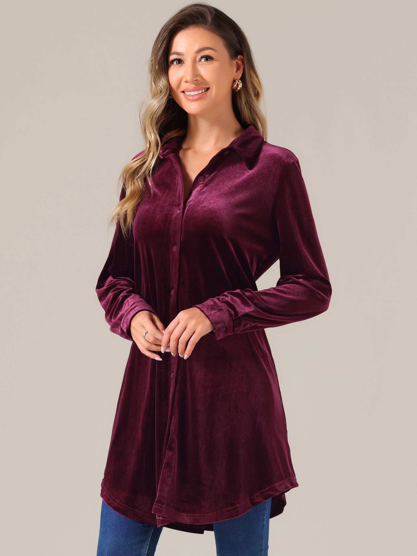 Camisetas de terciopelo con botones para mujer, minivestido camisero informal de manga larga con solapa