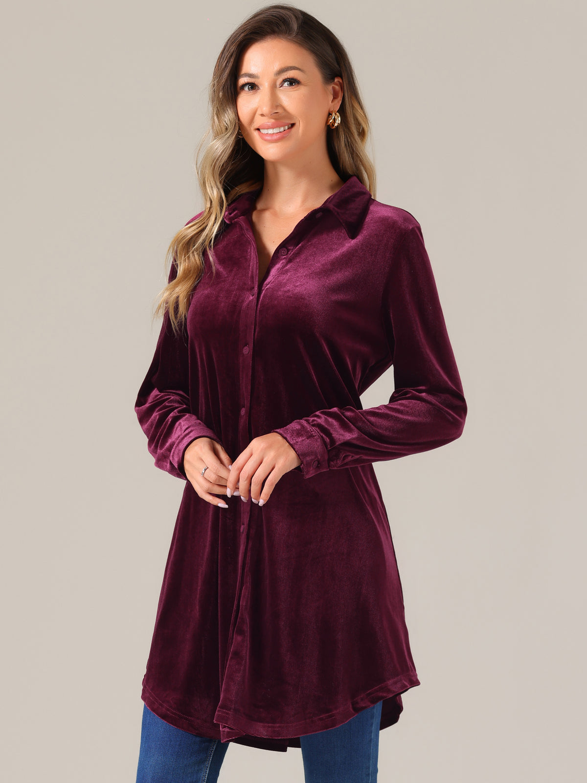 Women's Velvet Button Down T Shirts Swing Mini Shirt Dress Casual Long Sleeve Lapel Tunic Tops