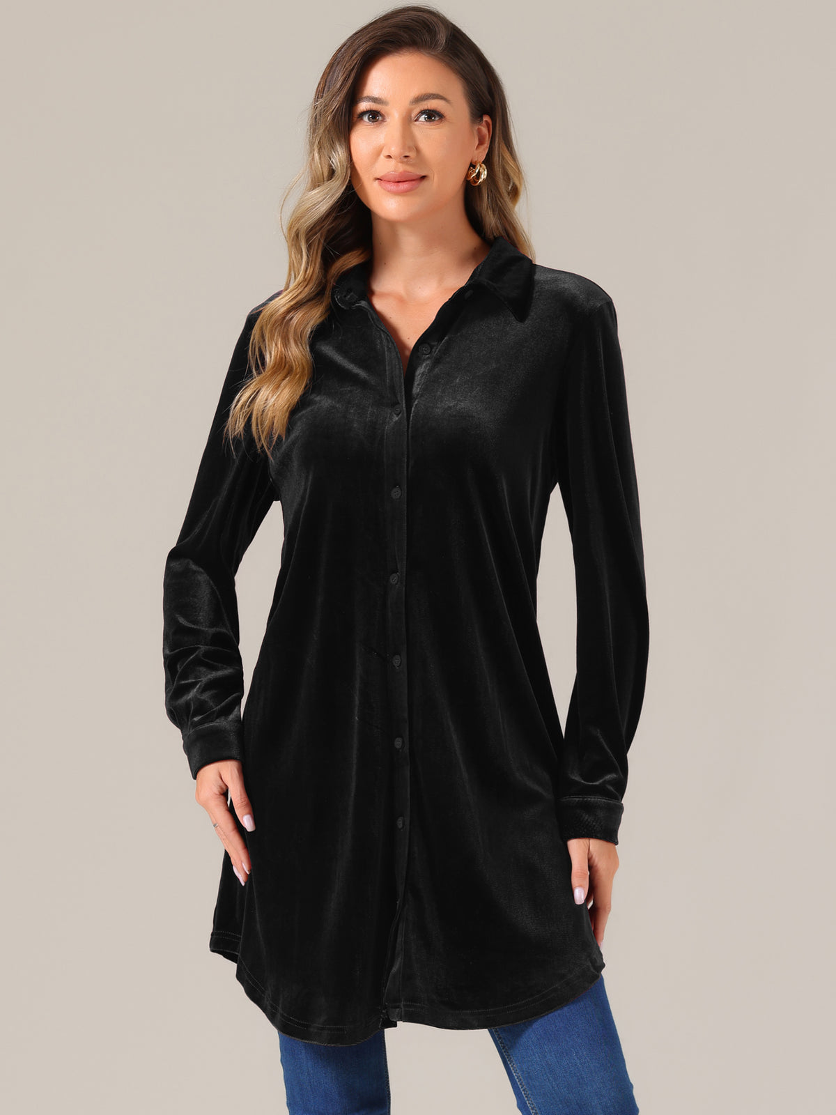 Women's Velvet Button Down T Shirts Swing Mini Shirt Dress Casual Long Sleeve Lapel Tunic Tops