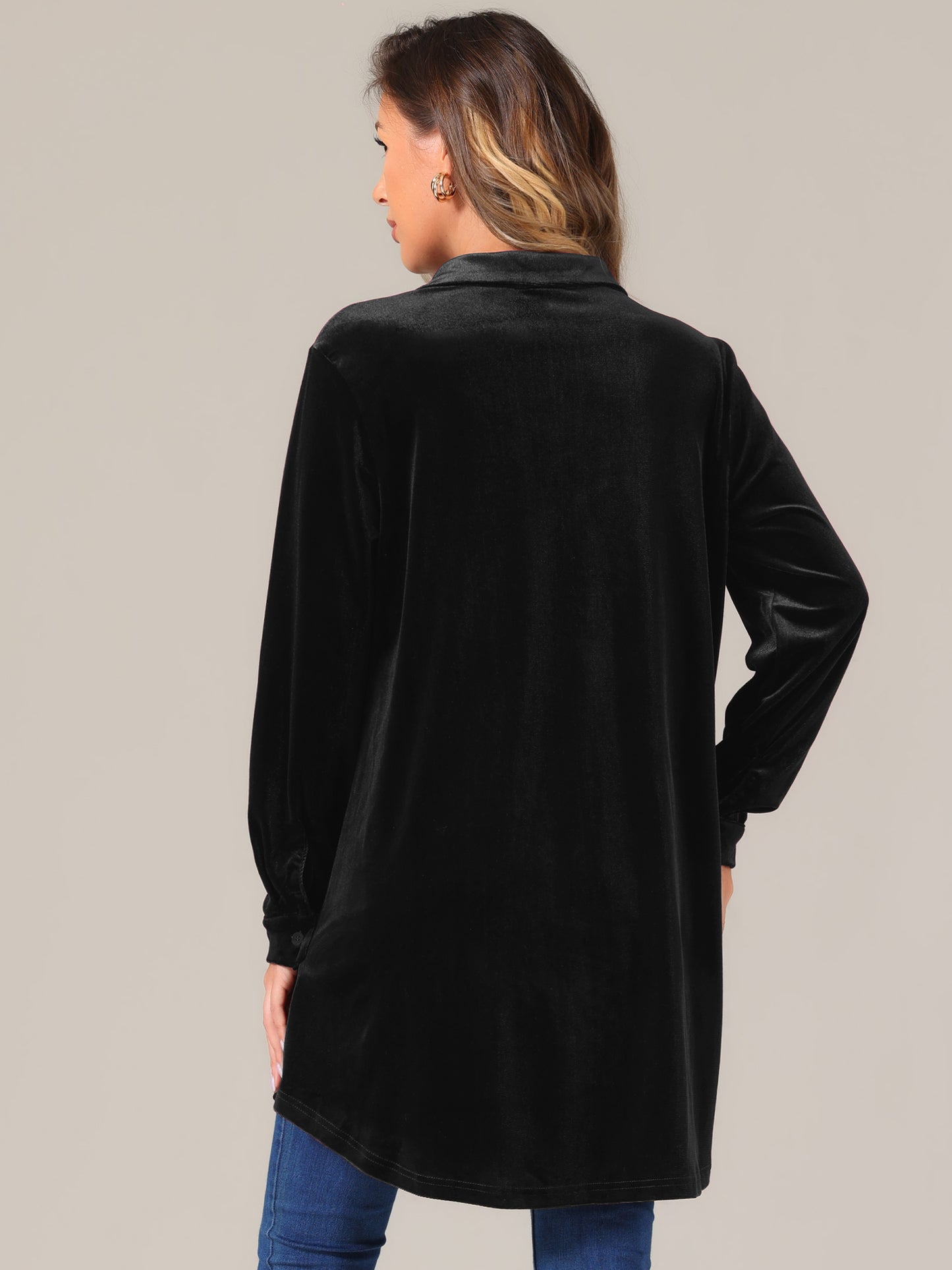 Camisetas de terciopelo con botones para mujer, minivestido camisero informal de manga larga con solapa