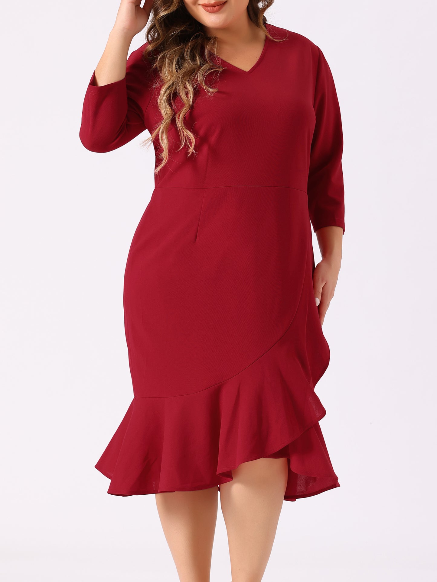 Women's Plus Size Business Ruffled Dress 3/4 Sleeve Office Work Cocktail Dresses Party Wrap Dress