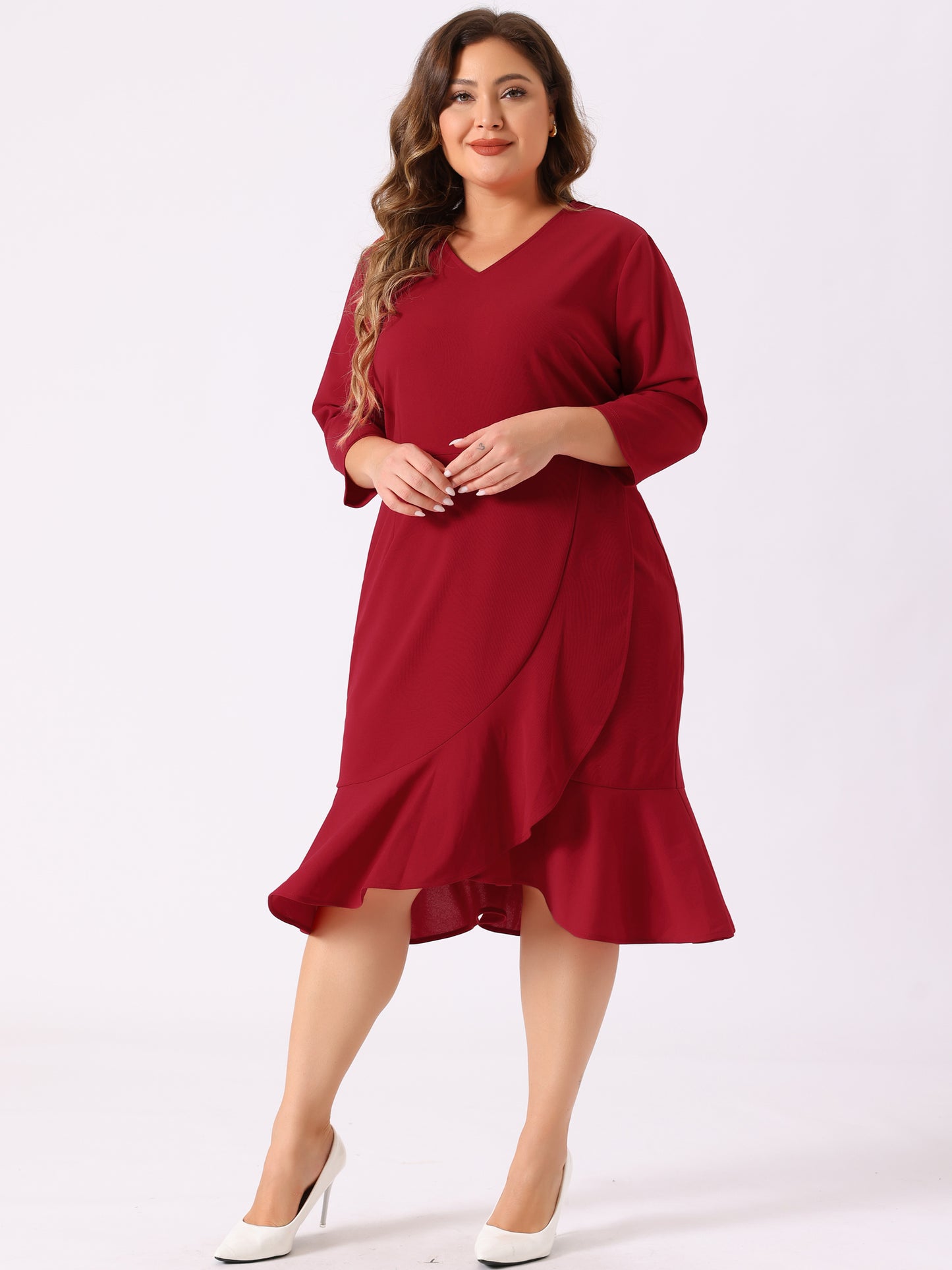 Women's Plus Size Business Ruffled Dress 3/4 Sleeve Office Work Cocktail Dresses Party Wrap Dress