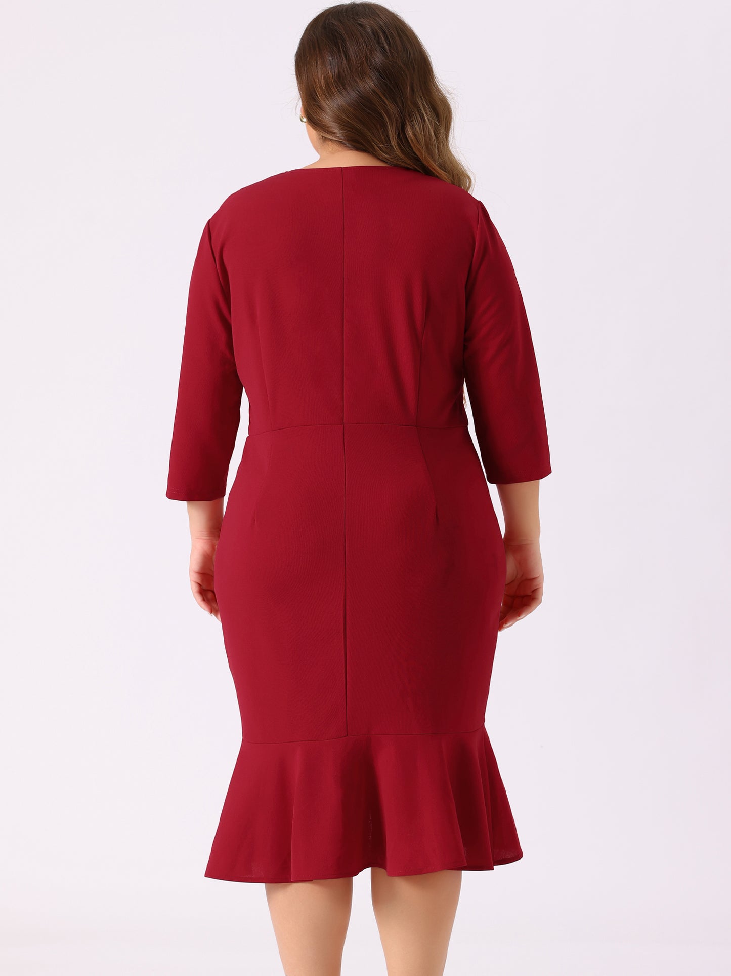 Women's Plus Size Business Ruffled Dress 3/4 Sleeve Office Work Cocktail Dresses Party Wrap Dress