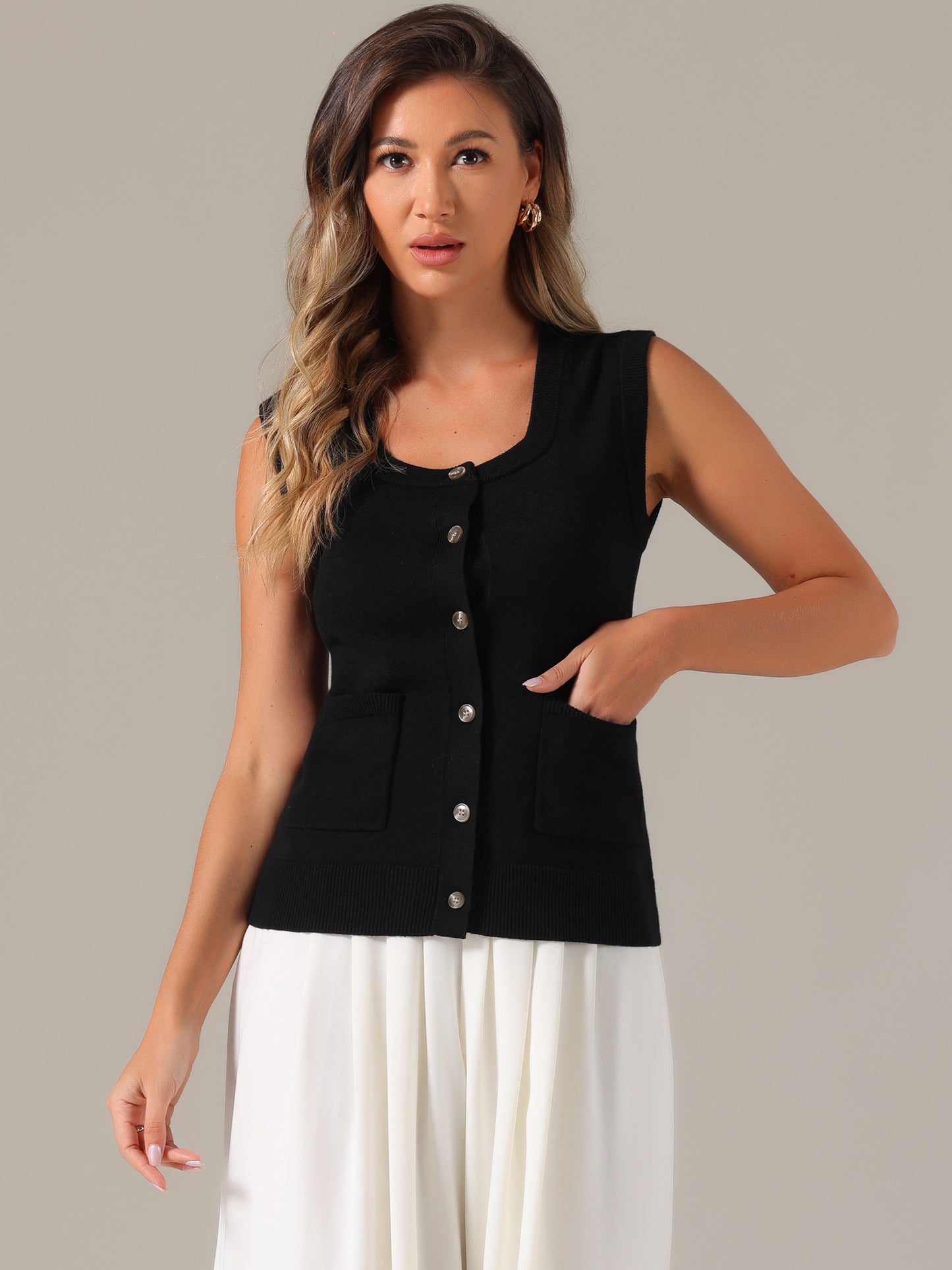 Women's Summer Casual Button Ribbed Sleeveless Knitted Tank Top Vest