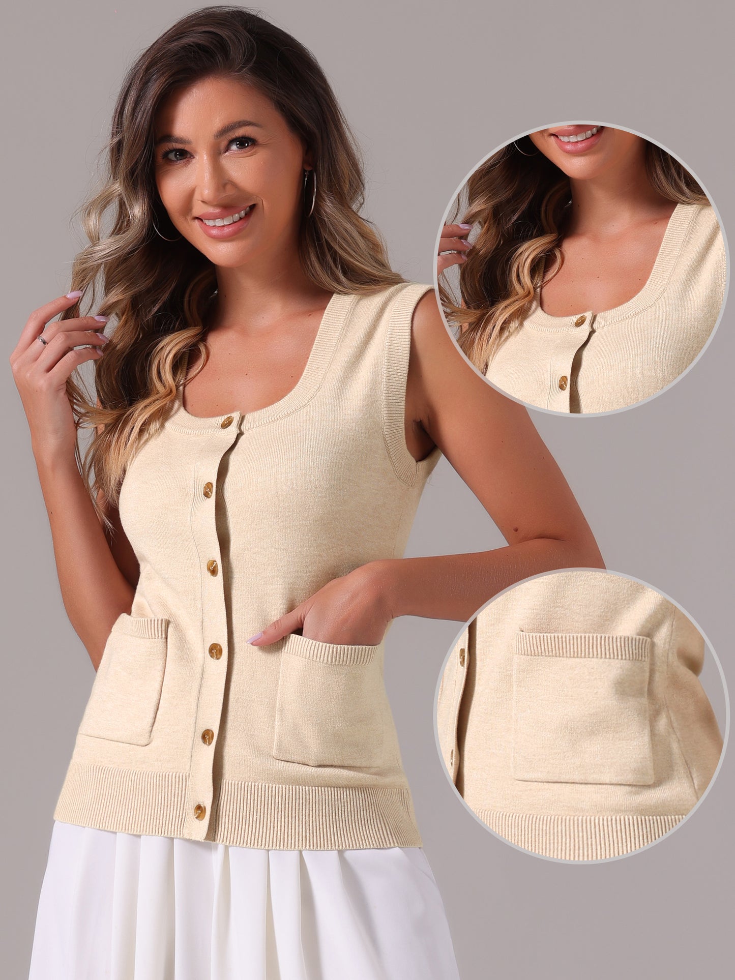 Women's Summer Casual Button Ribbed Sleeveless Knitted Tank Top Vest