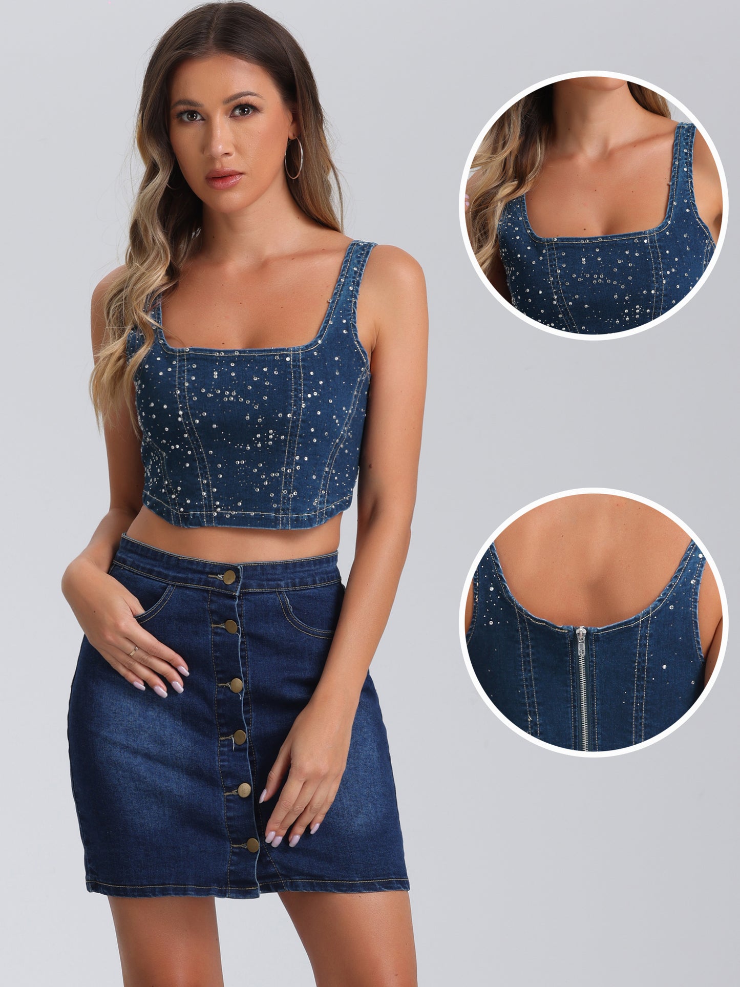 Women's Denim Square Neck Sleeveless Party Corset Crop Tank Top