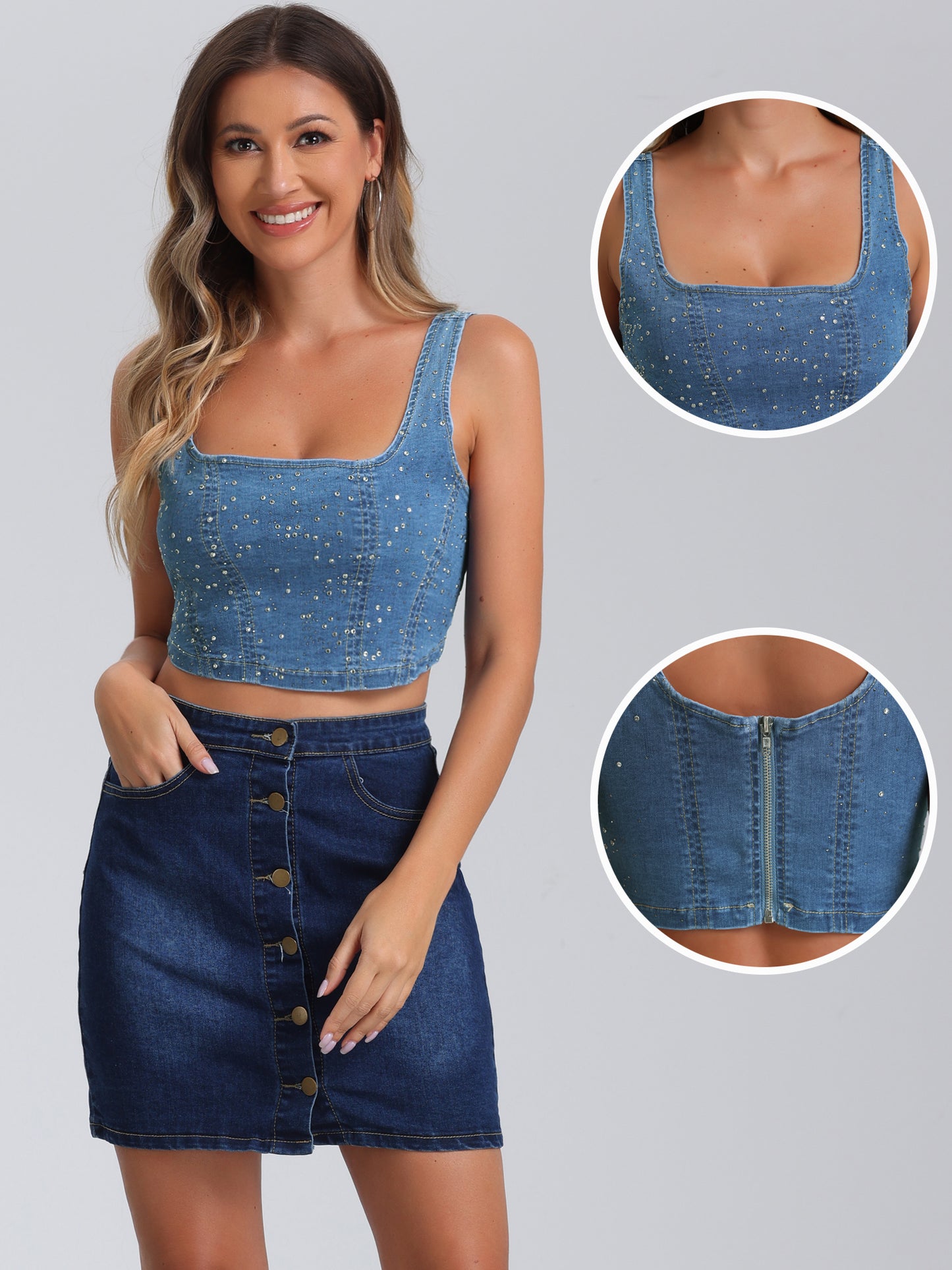 Women's Denim Square Neck Sleeveless Party Corset Crop Tank Top