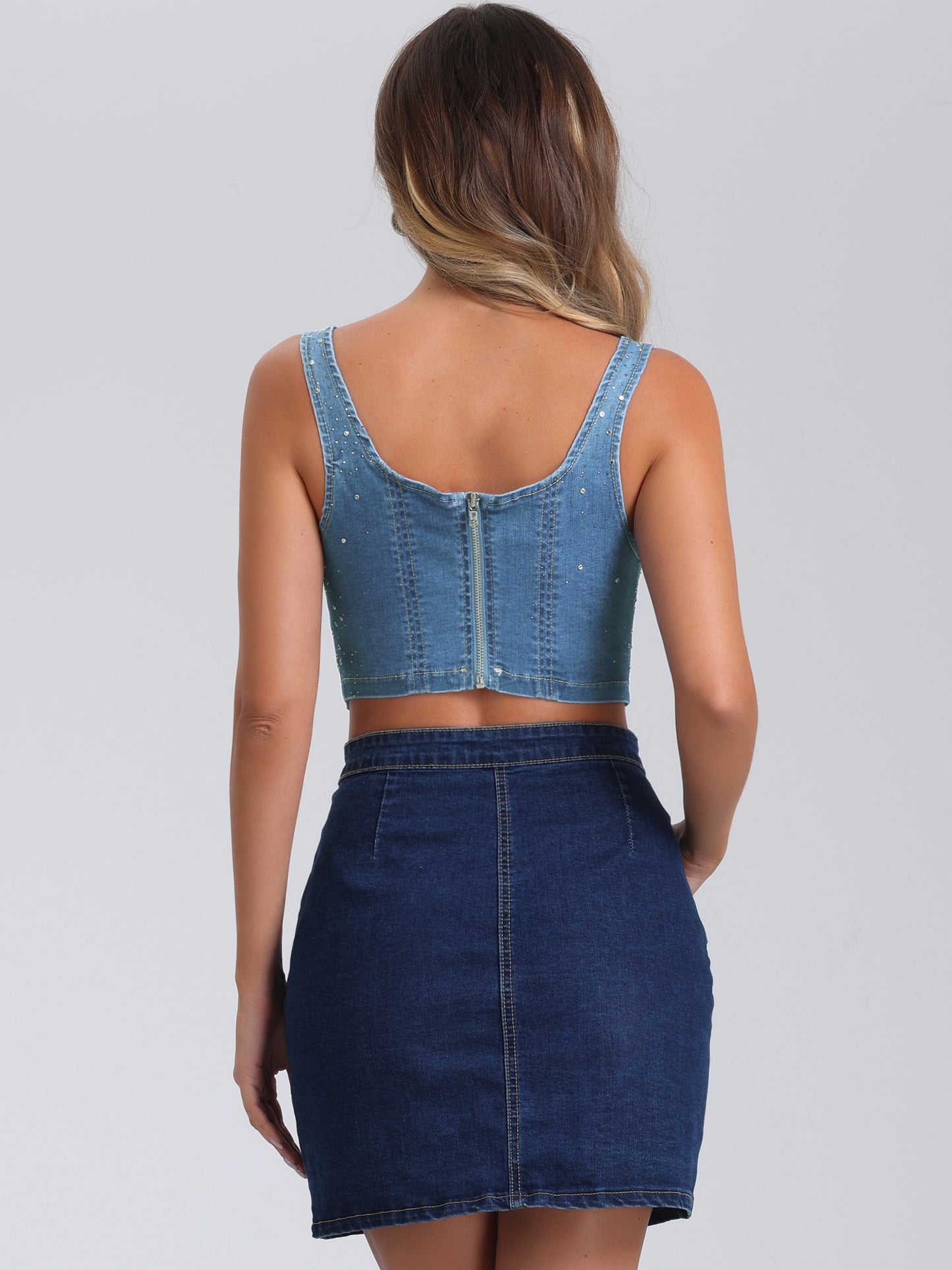 Women's Denim Square Neck Sleeveless Party Corset Crop Tank Top