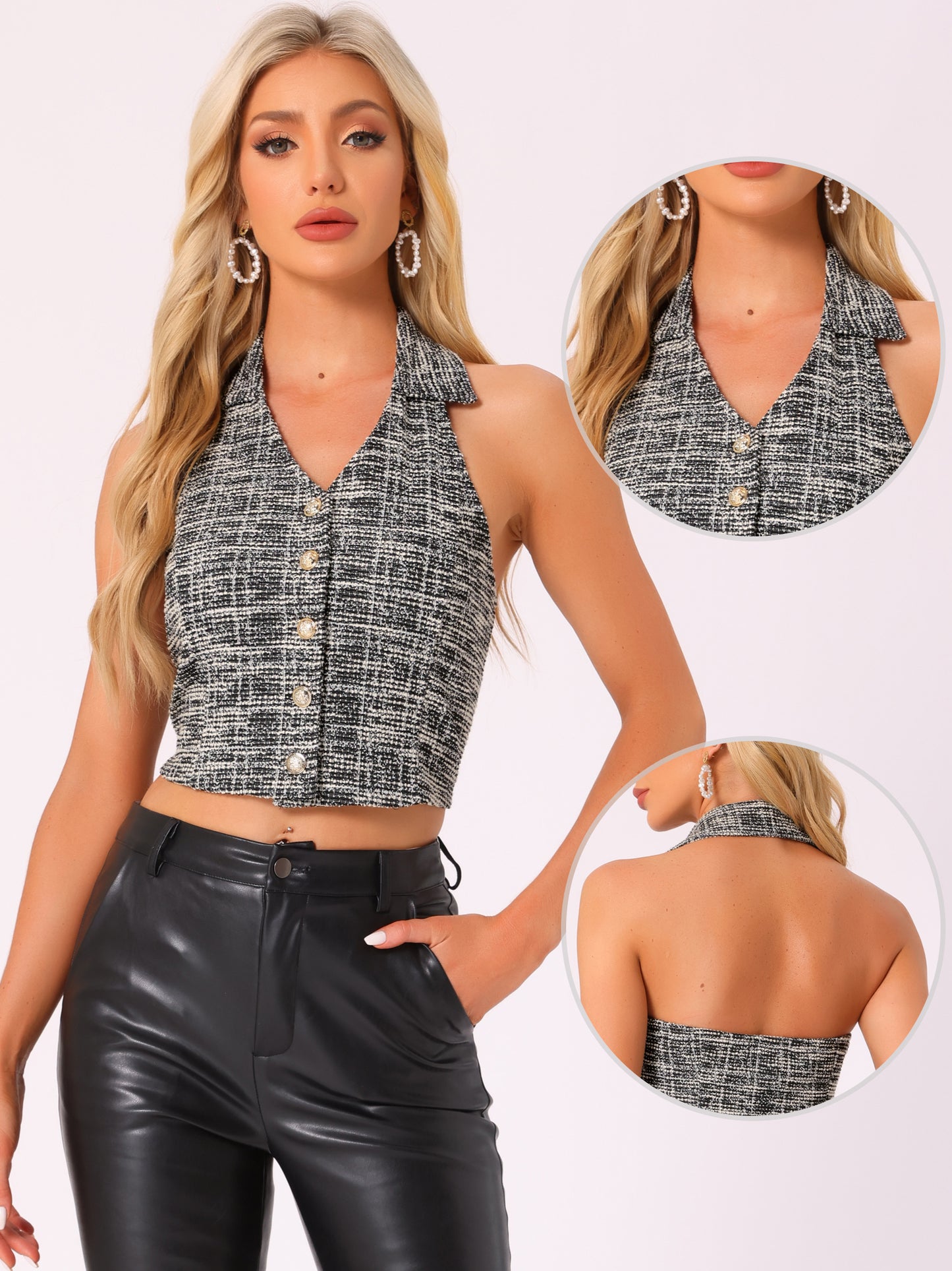 Women's Halter Neck Button Front Collared Backless Waistcoat Tweed Vest