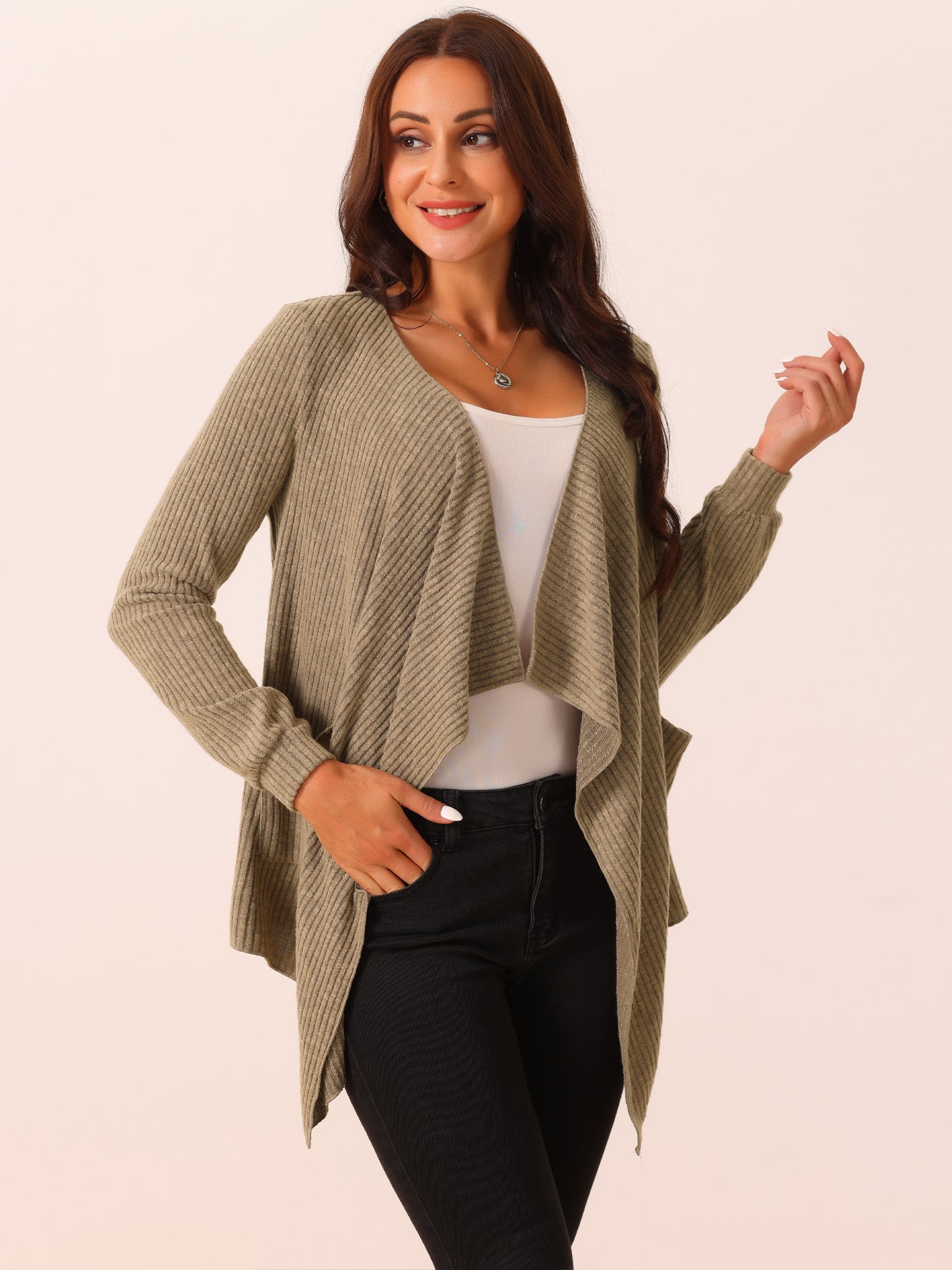 Cárdigan de punto ligero para mujer, con dobladillo irregular, manga larga, abertura frontal, drapeado y bolsillos
